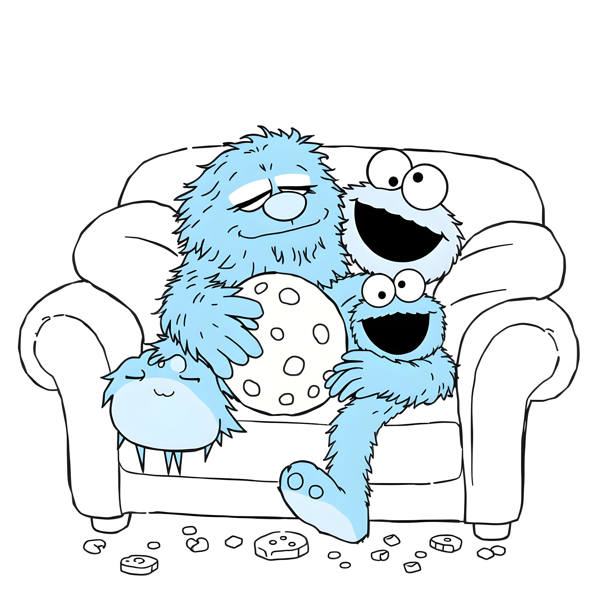 Sully and friends goofing around on the couch Coloring Page (free black-and-white line drawing printable PDF for all, from beginners to advanced learners, including children, teens, adults, and seniors)