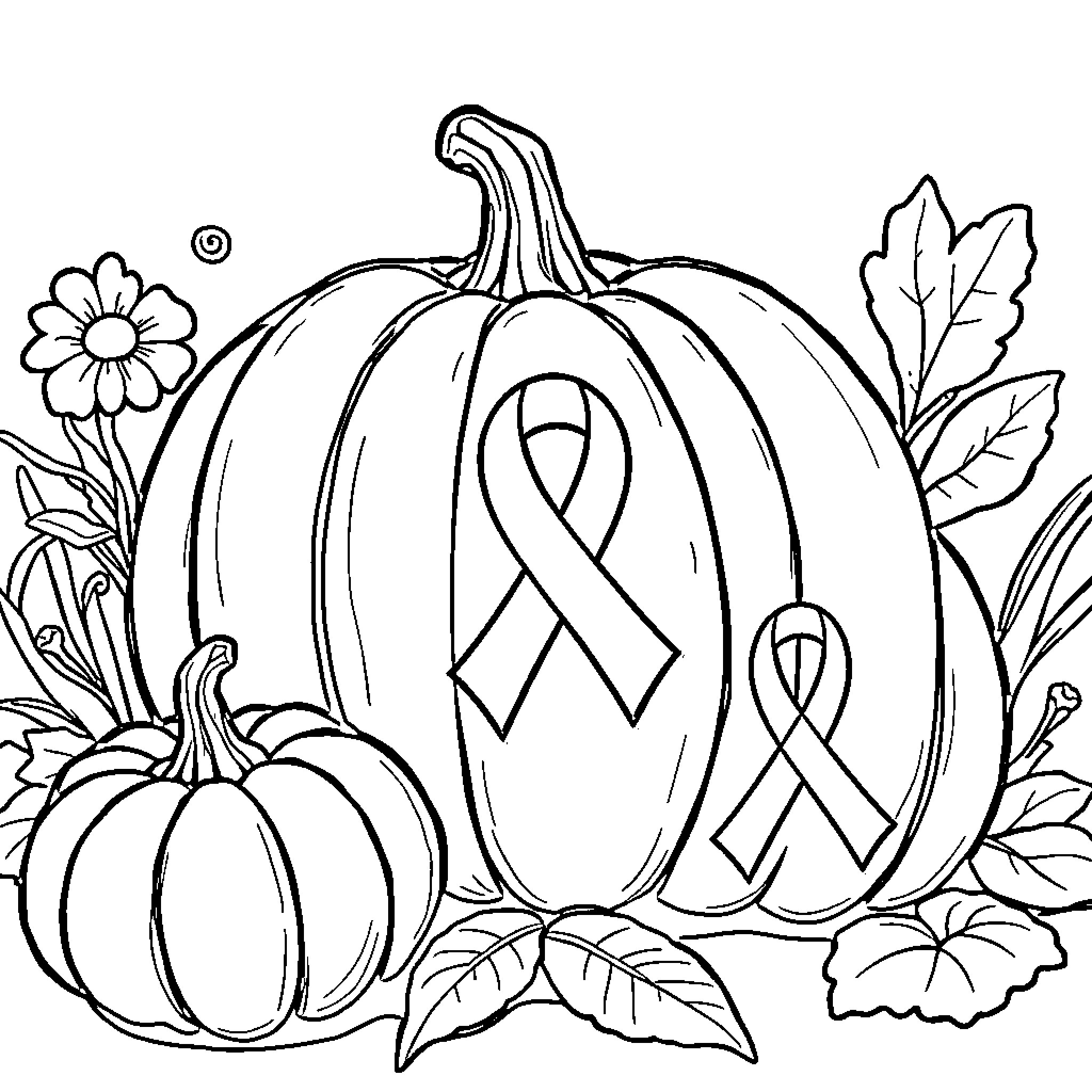 Pumpkin Shapes and Symbols of Awareness Coloring Page (free black-and-white line drawing printable PDF for all, from beginners to advanced learners, including children, teens, adults, and seniors)