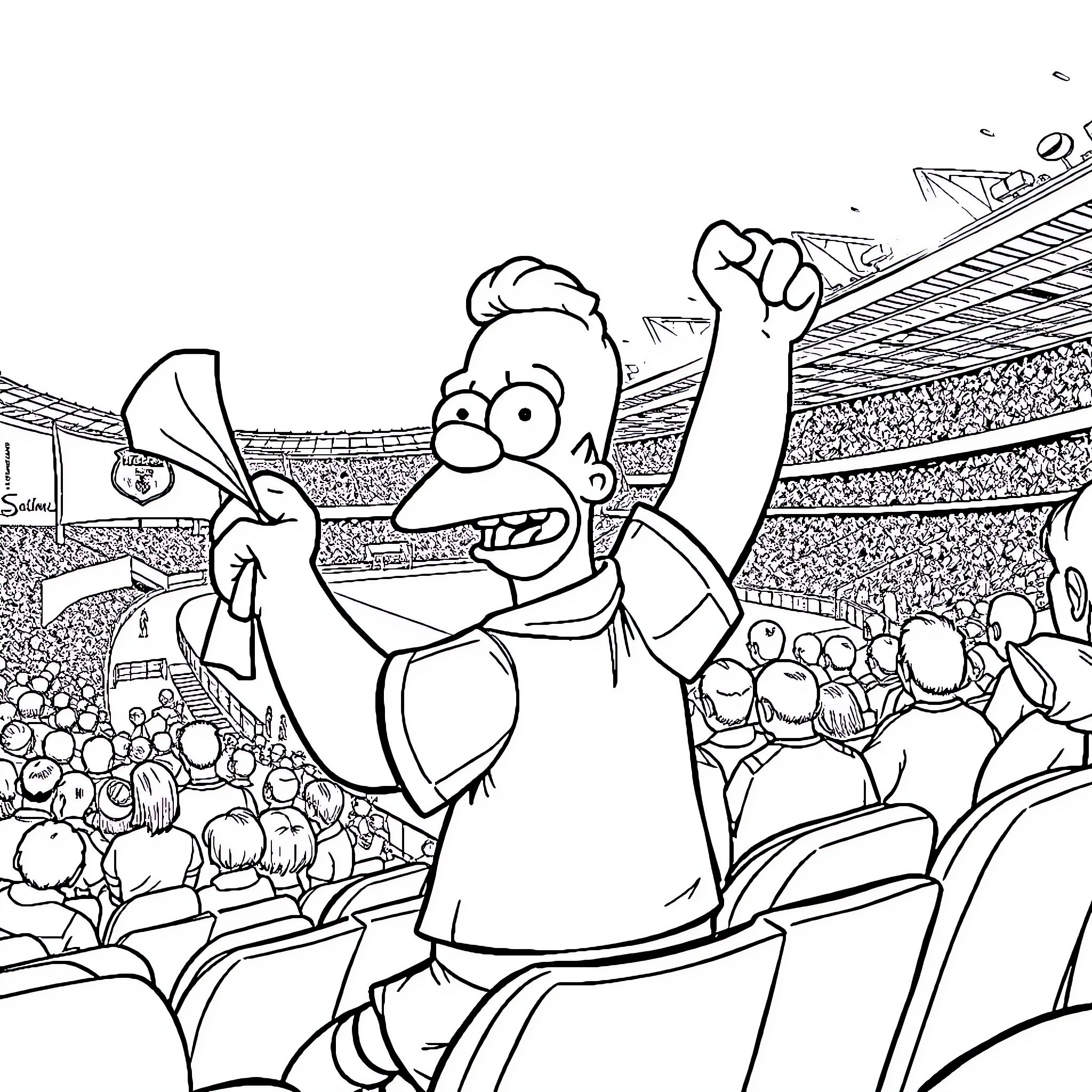 Homer cheering excitedly at a sports event Coloring Page (free black-and-white line drawing printable PDF for all, from beginners to advanced learners, including children, teens, adults, and seniors)