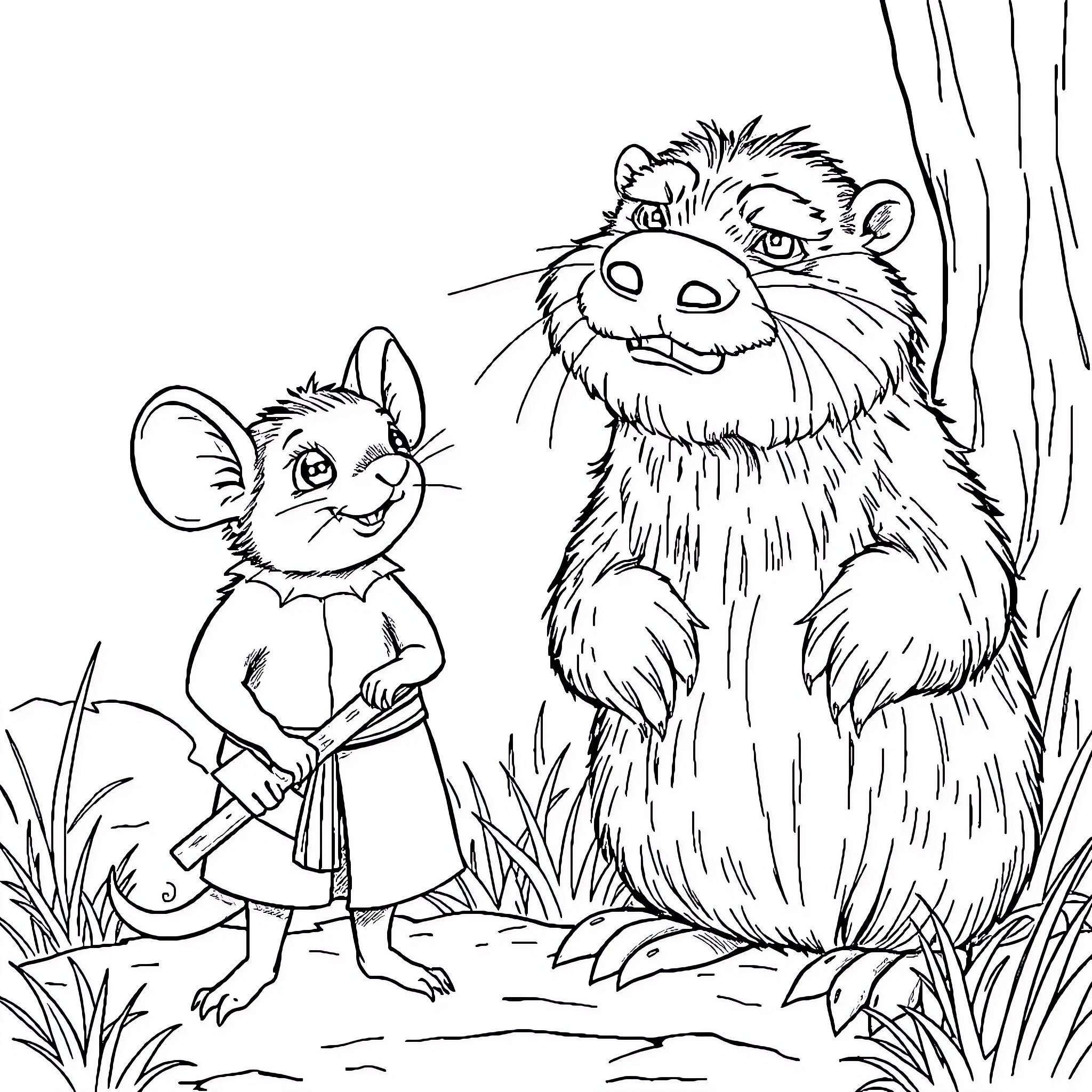 Matthias the Mouse and the Furry Forest Friend Coloring Page (free black-and-white line drawing printable PDF for all, from beginners to advanced learners, including children, teens, adults, and seniors)