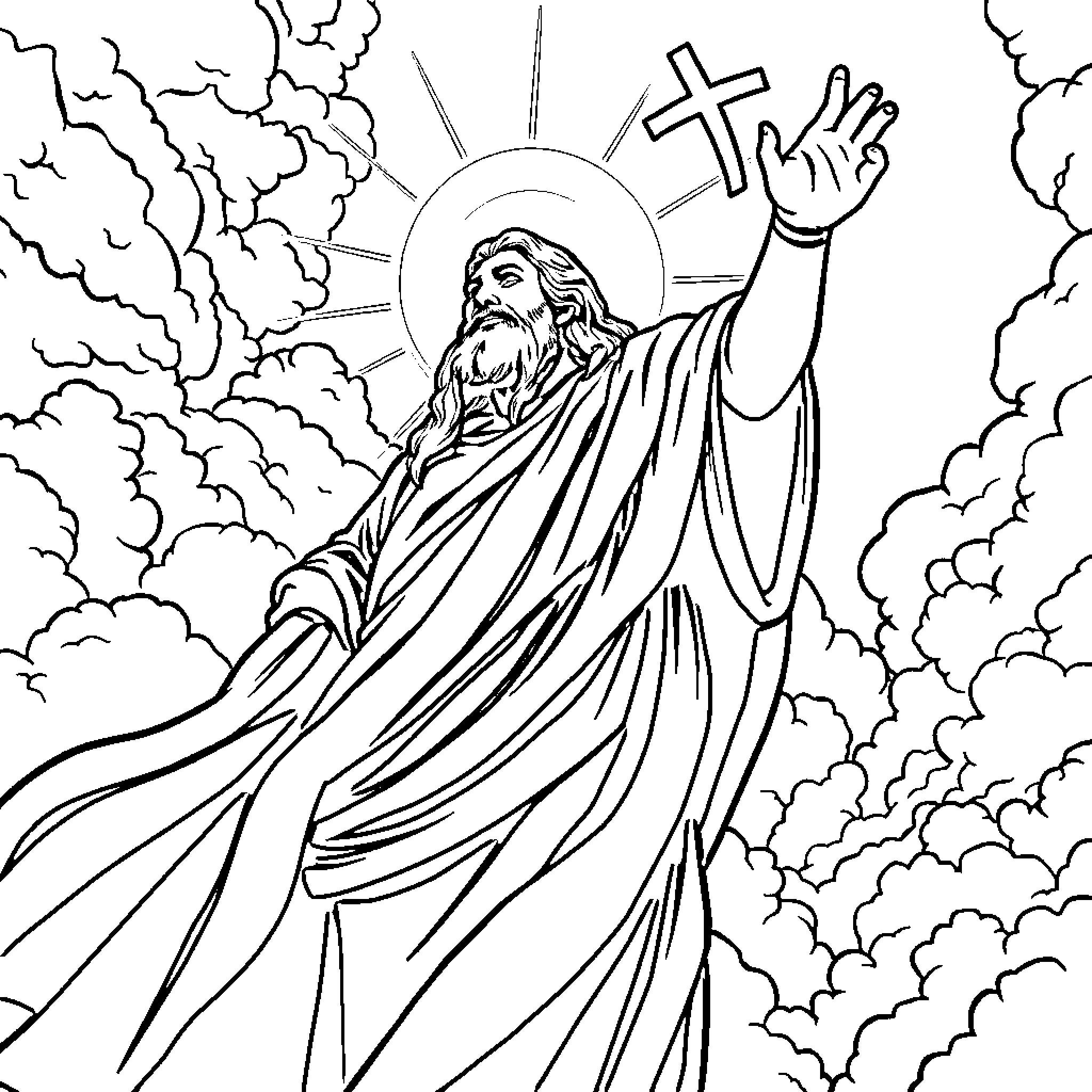 God's Heavenly Ascent in the Clouded Skies Coloring Page (free black-and-white line drawing printable PDF for all, from beginners to advanced learners, including children, teens, adults, and seniors)