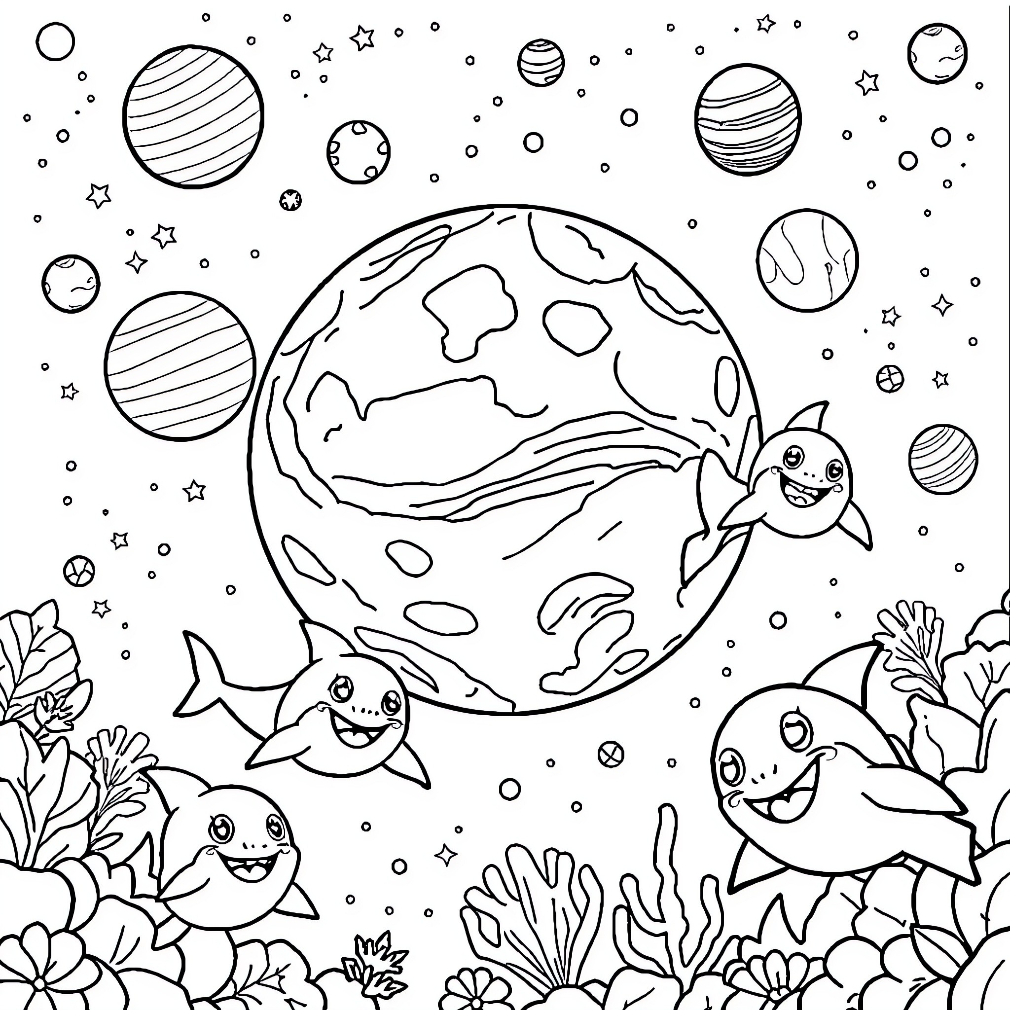Planet with Smiling Fish and Underwater Scenes Coloring Page (free black-and-white line drawing printable PDF for all, from beginners to advanced learners, including children, teens, adults, and seniors)