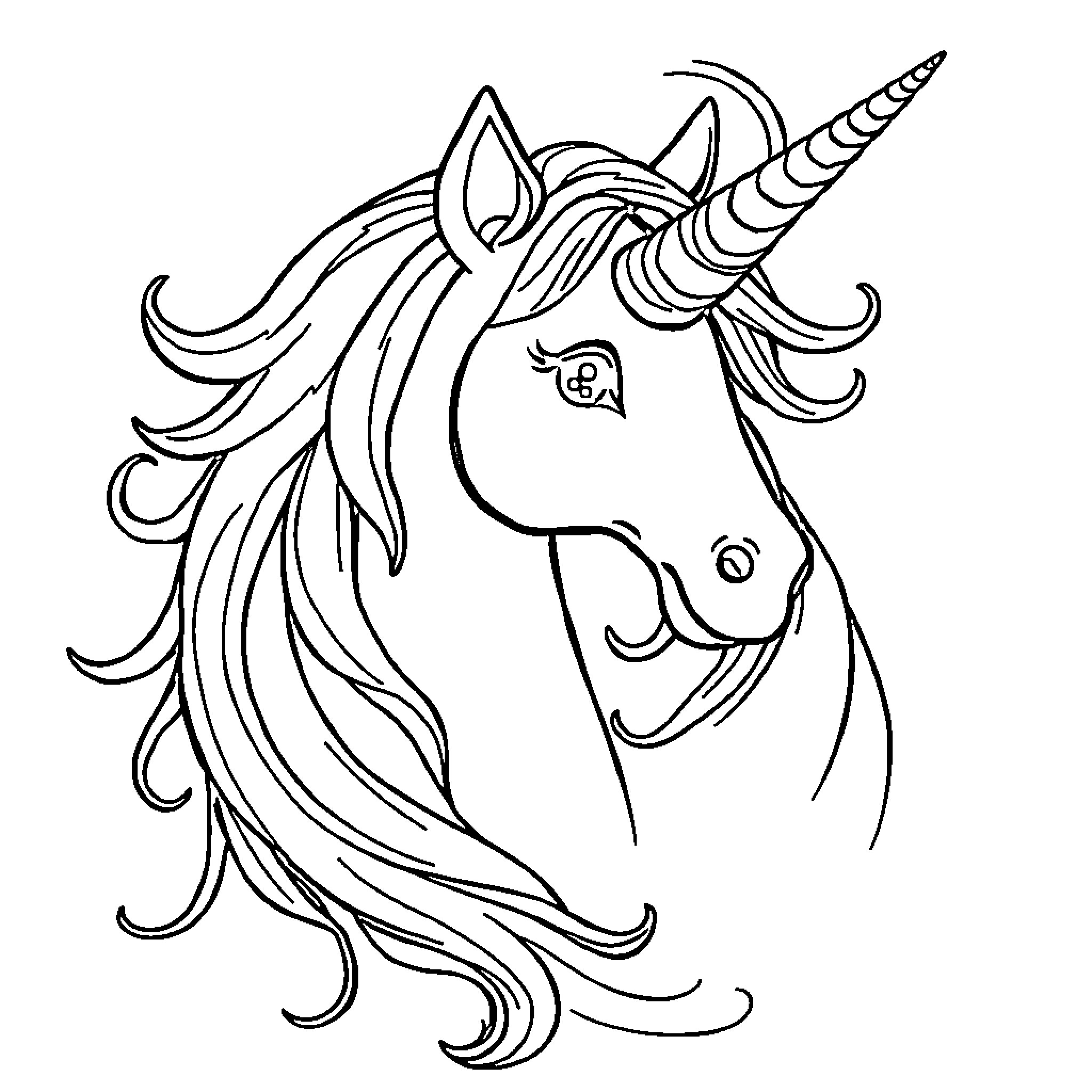 Unicorn with flowing mane and horn Coloring Page (free black-and-white line drawing printable PDF for all, from beginners to advanced learners, including children, teens, adults, and seniors)