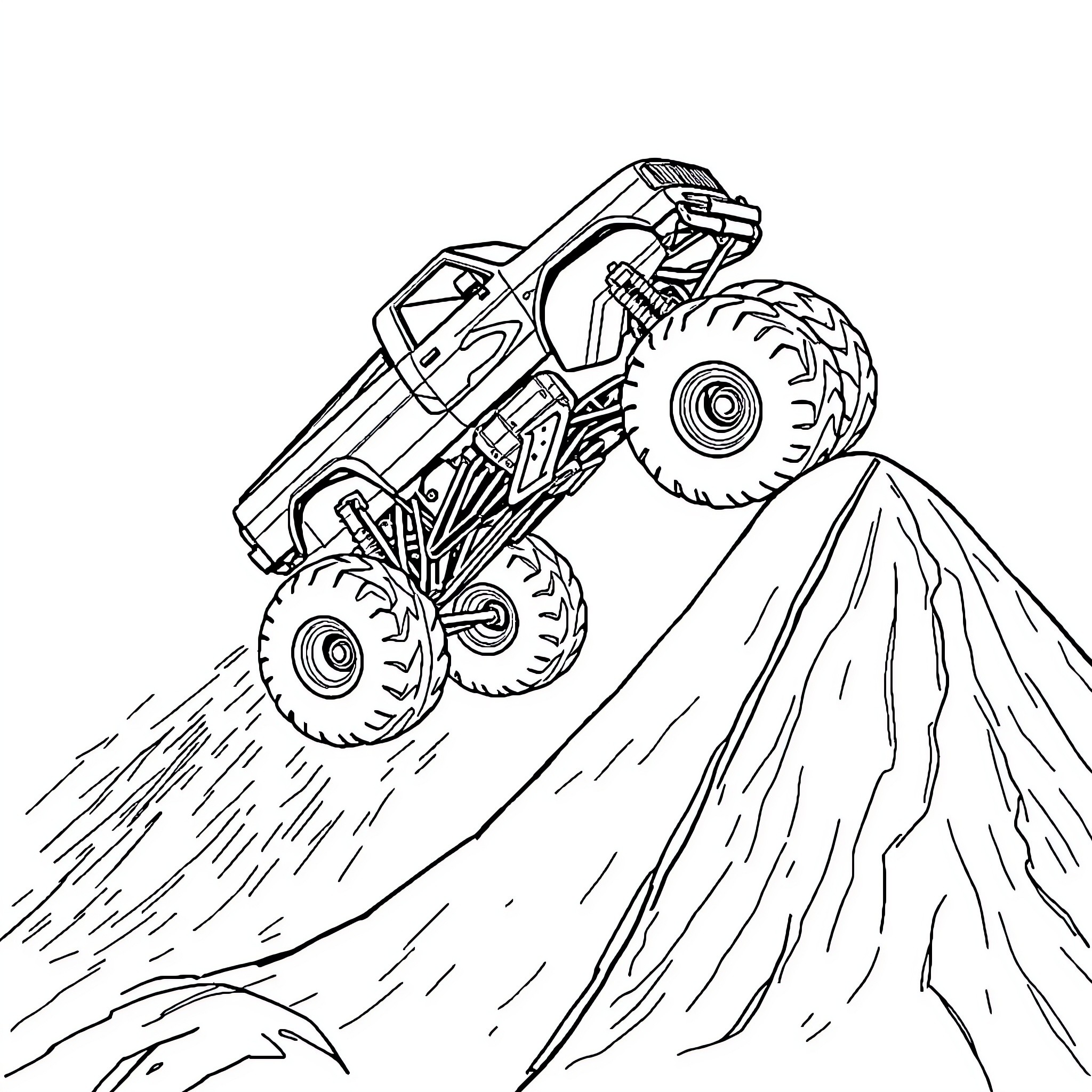Monster Truck Jumping Over Rocky Terrain Coloring Page (free black-and-white line drawing printable PDF for all, from beginners to advanced learners, including children, teens, adults, and seniors)