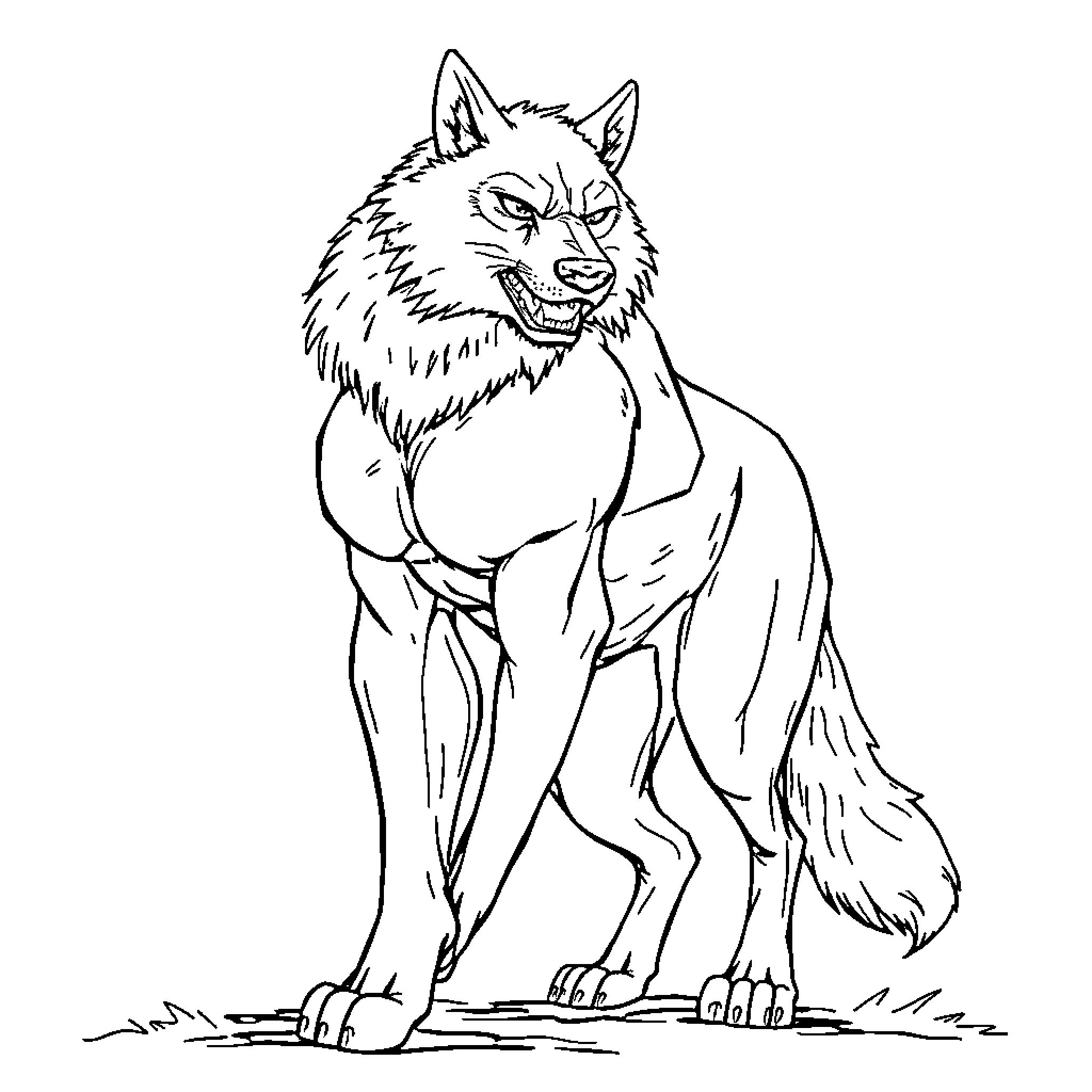Wolf growling with bared teeth Coloring Page (free black-and-white line drawing printable PDF for all, from beginners to advanced learners, including children, teens, adults, and seniors)