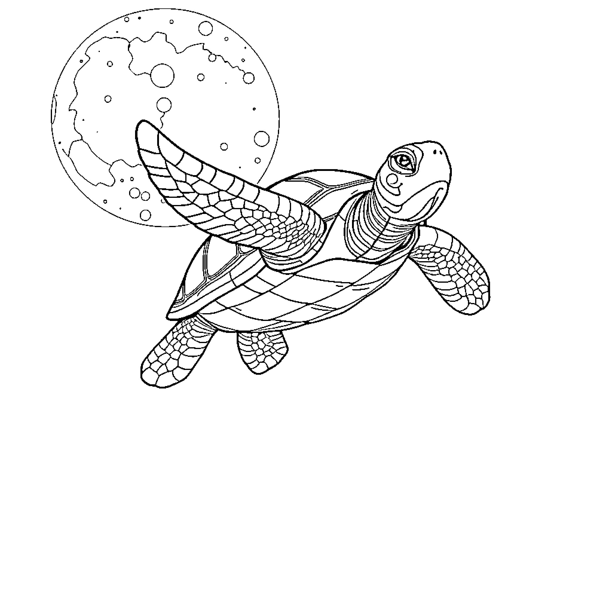 Turtle swimming in the moonlight Coloring Page (free black-and-white line drawing printable PDF for all, from beginners to advanced learners, including children, teens, adults, and seniors)