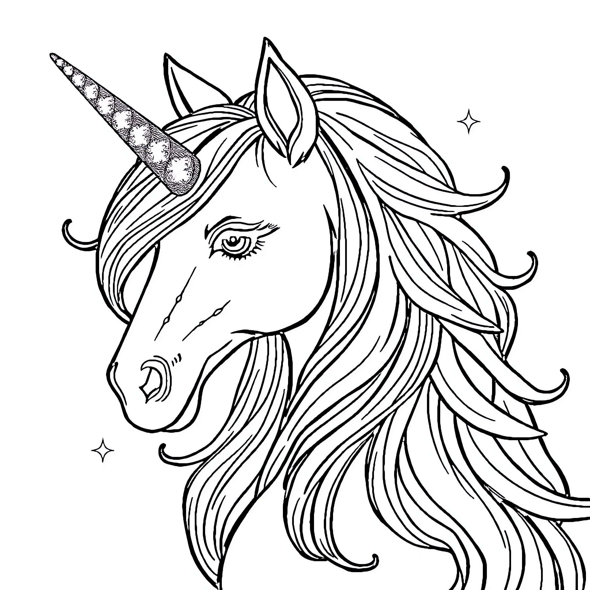 Unicorn with flowing mane and enchanting horn Coloring Page (free black-and-white line drawing printable PDF for all, from beginners to advanced learners, including children, teens, adults, and seniors)