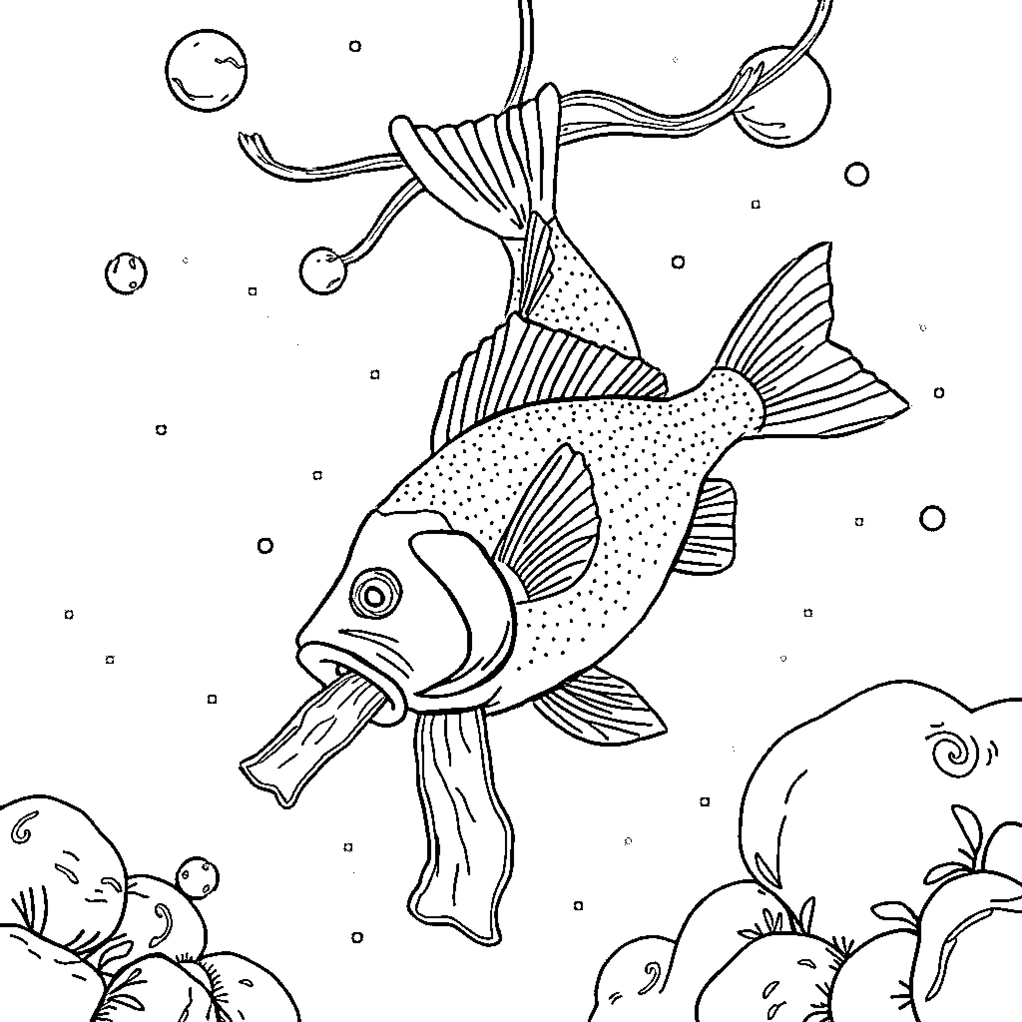 Fish swimming amidst bubbles and seaweed Coloring Page (free black-and-white line drawing printable PDF for all, from beginners to advanced learners, including children, teens, adults, and seniors)