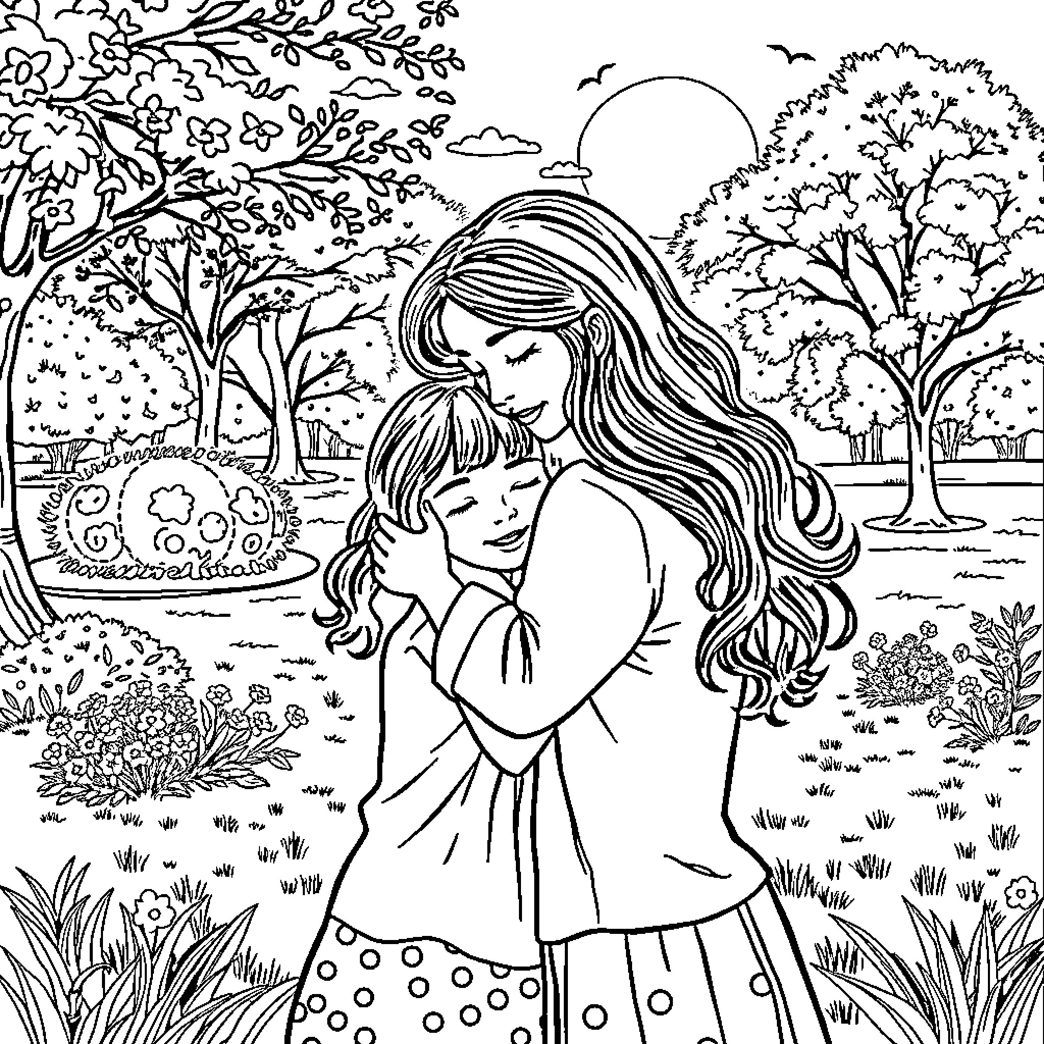 Mom embracing her child in a serene outdoor setting Coloring Page (free black-and-white line drawing printable PDF for all, from beginners to advanced learners, including children, teens, adults, and seniors)