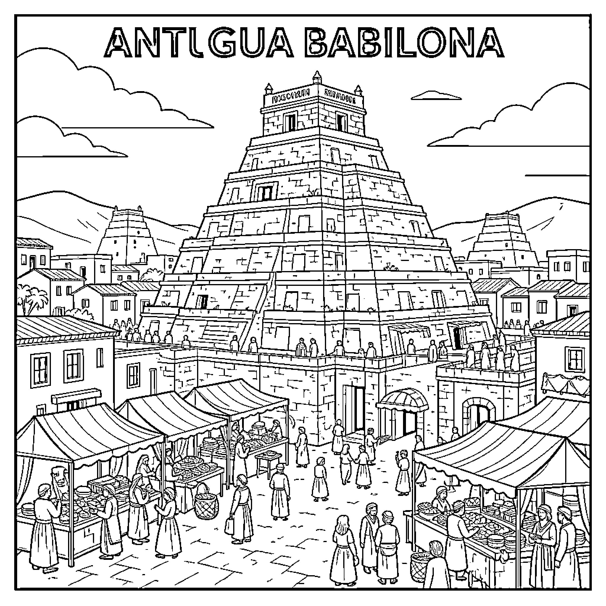 Babylon: Bustling Ancient City with Towering Structures Coloring Page (free black-and-white line drawing printable PDF for all, from beginners to advanced learners, including children, teens, adults, and seniors)