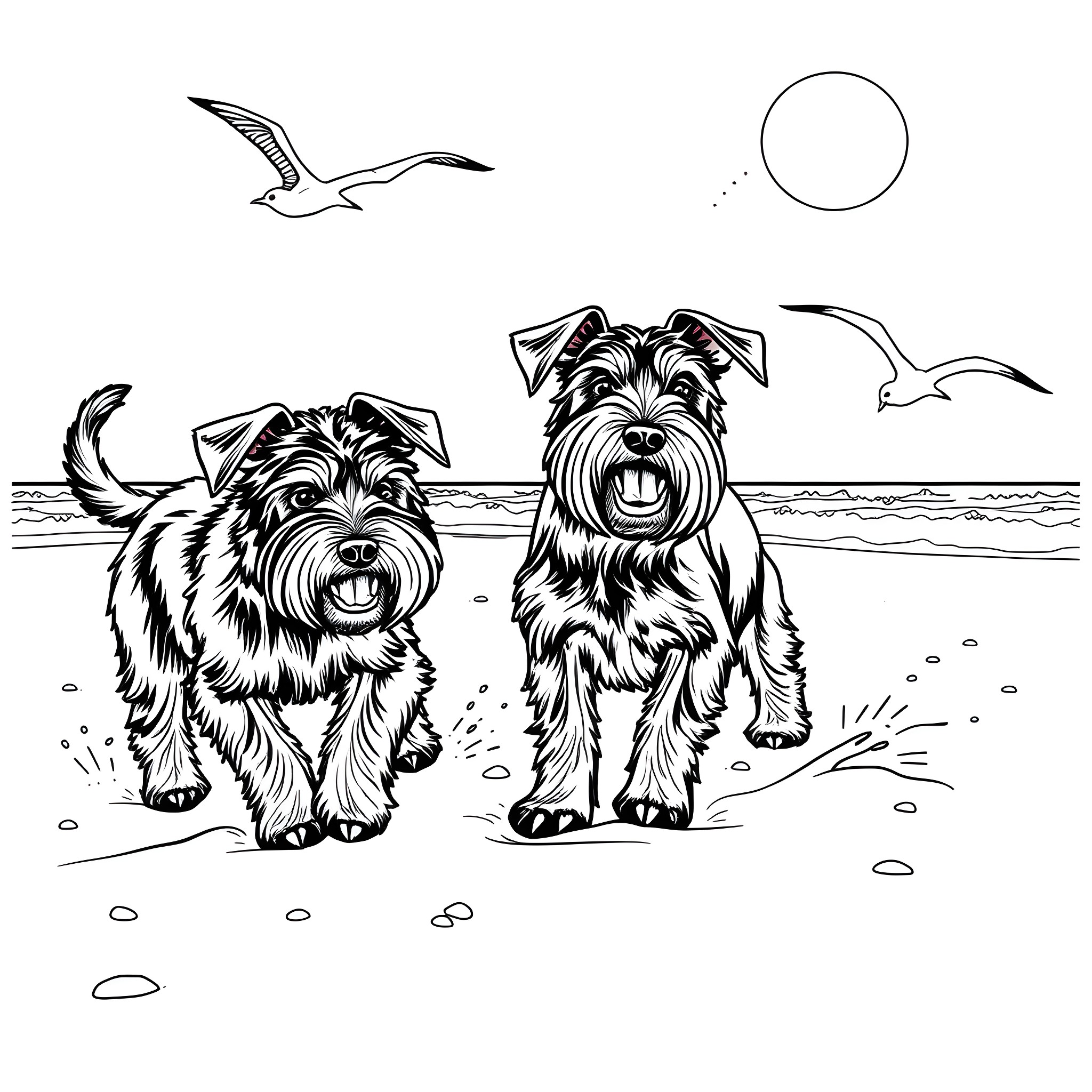 Schnauzer dogs playing happily on the beach Coloring Page (free black-and-white line drawing printable PDF for all, from beginners to advanced learners, including children, teens, adults, and seniors)