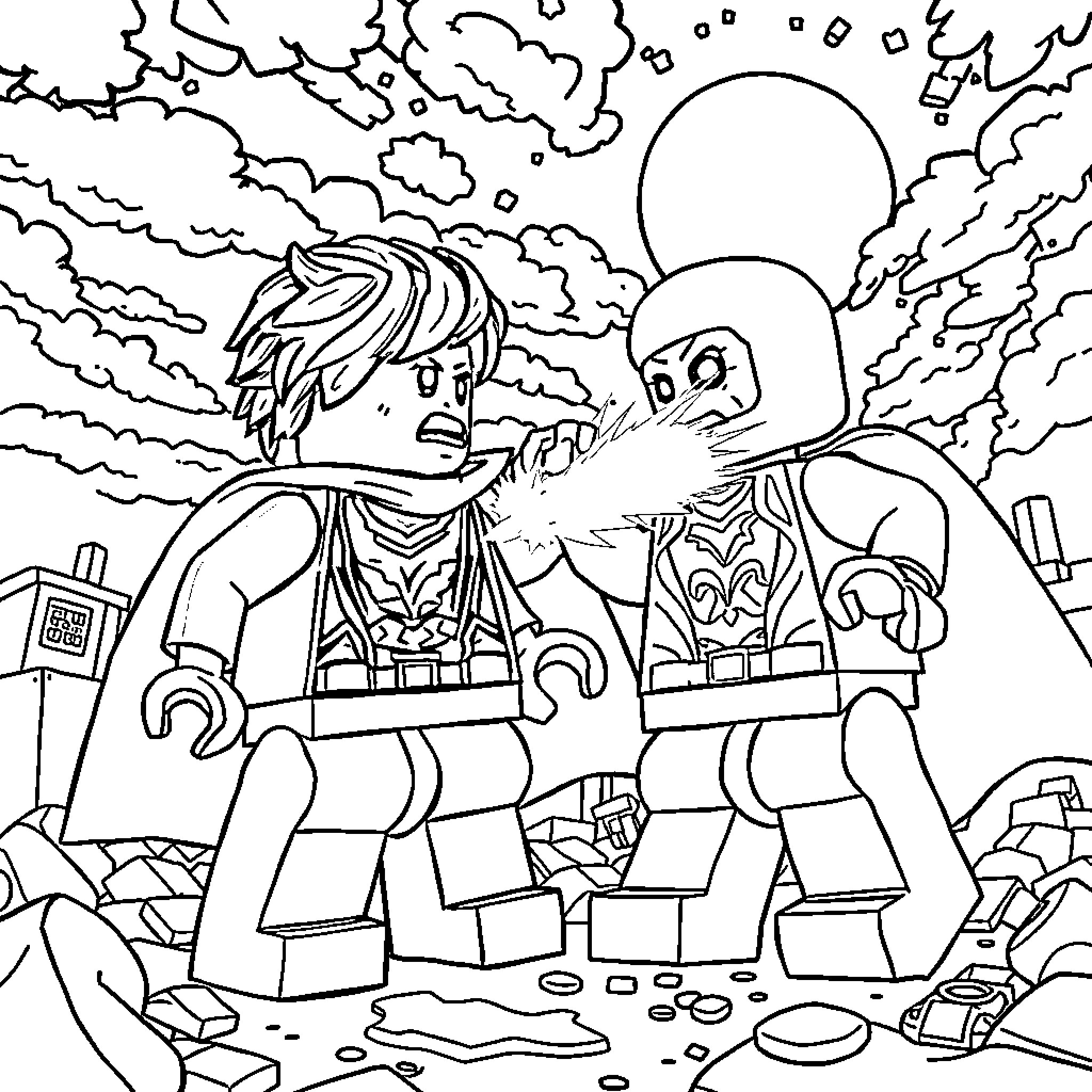 Lego characters in dramatic post-apocalyptic scene Coloring Page (free black-and-white line drawing printable PDF for all, from beginners to advanced learners, including children, teens, adults, and seniors)
