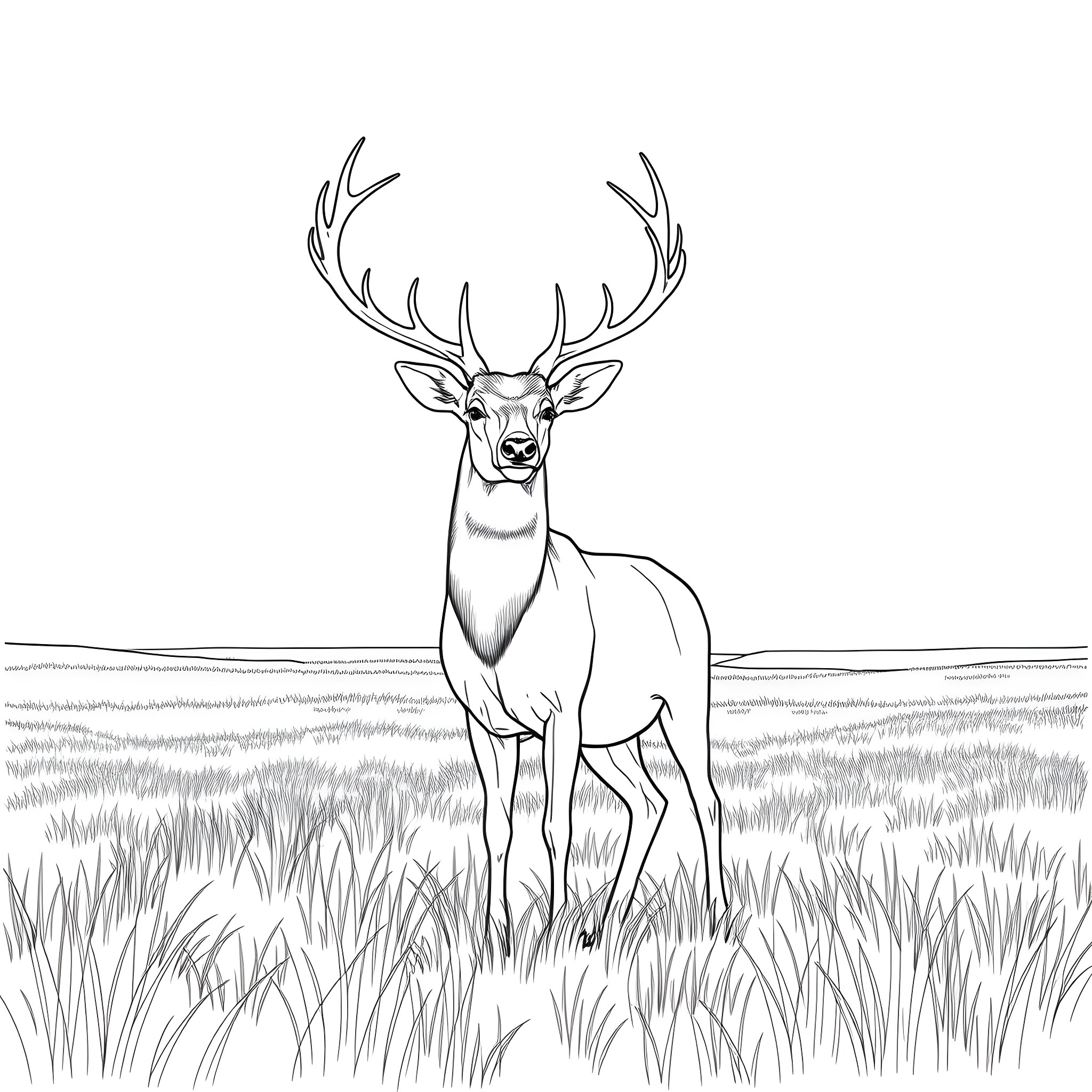 Deer standing majestically in the meadow Coloring Page (free black-and-white line drawing printable PDF for all, from beginners to advanced learners, including children, teens, adults, and seniors)