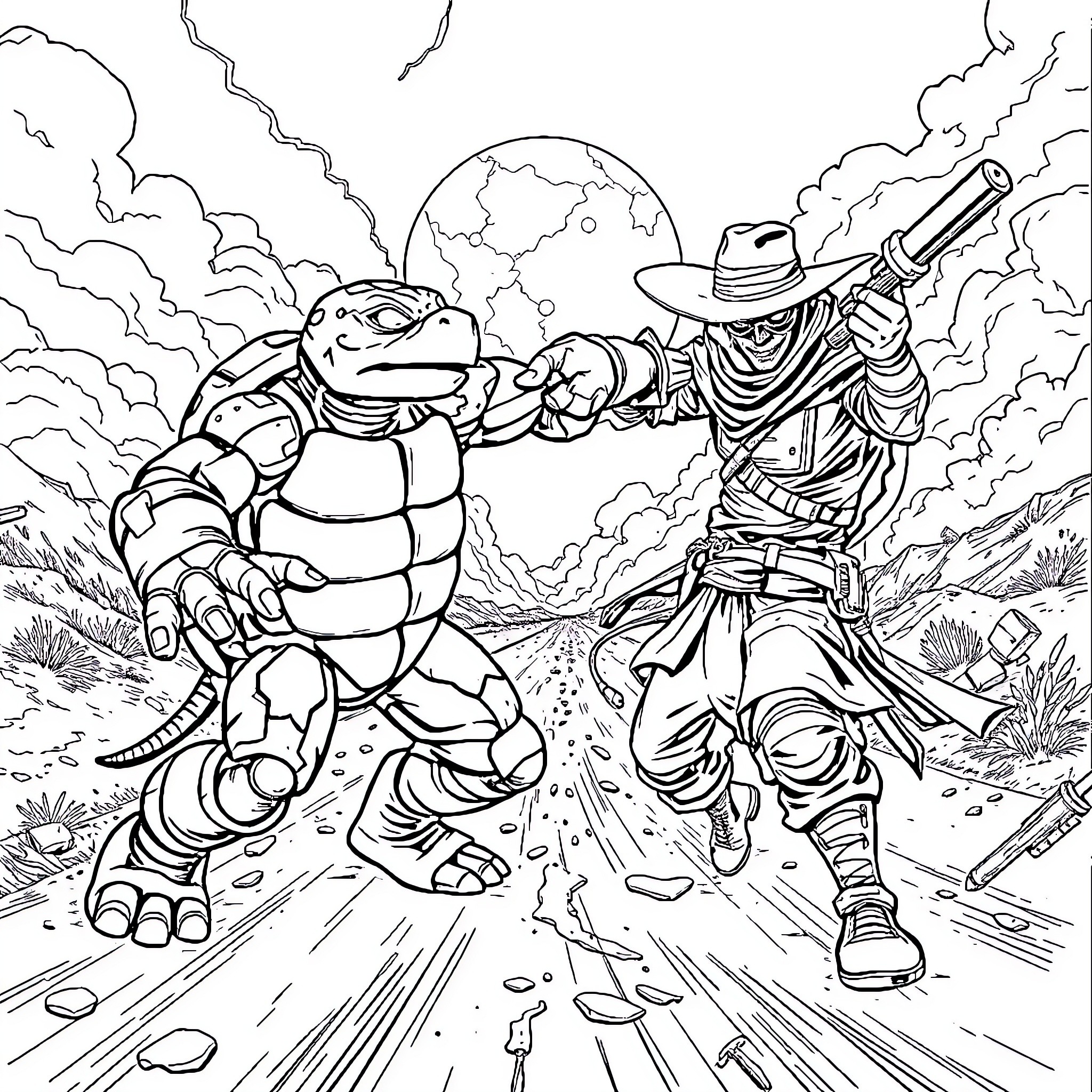 Turtle cowboy confronts giant turtle in the wild Coloring Page (free black-and-white line drawing printable PDF for all, from beginners to advanced learners, including children, teens, adults, and seniors)