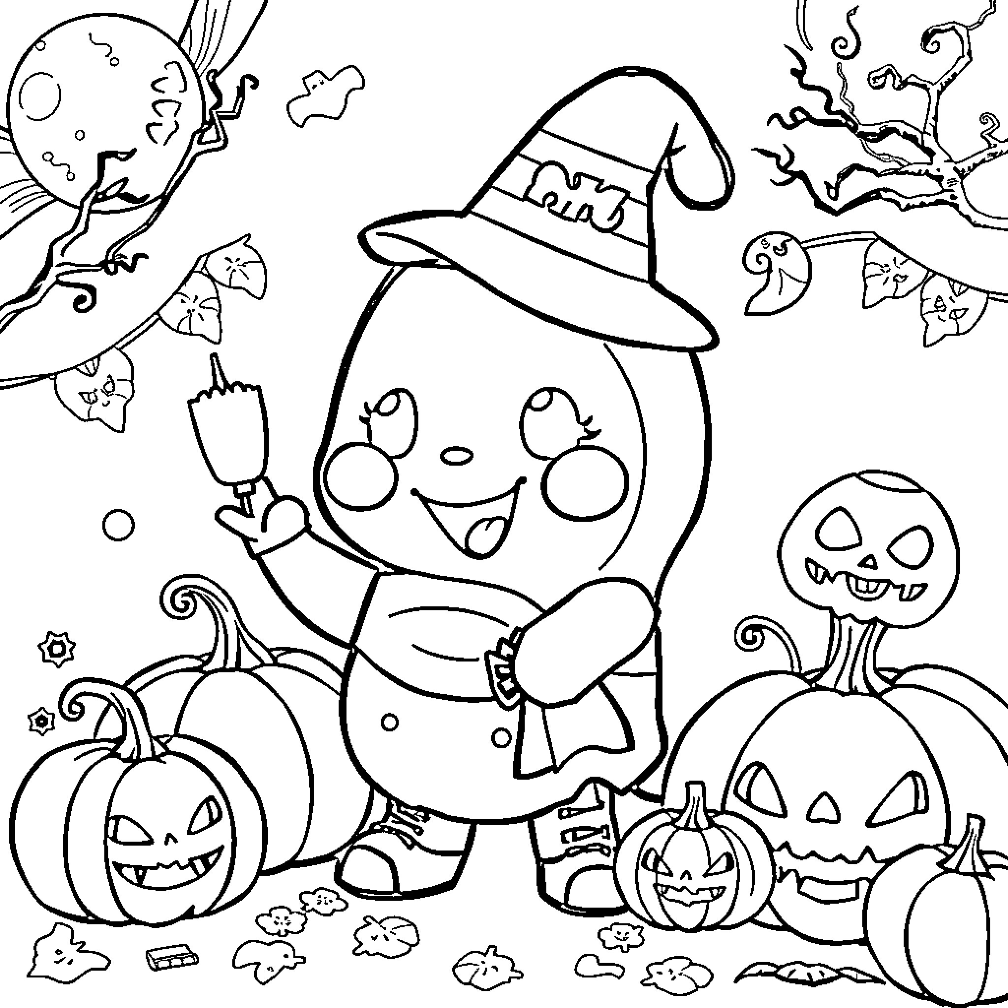 Cinnamoroll enjoying a Halloween adventure Coloring Page (free black-and-white line drawing printable PDF for all, from beginners to advanced learners, including children, teens, adults, and seniors)