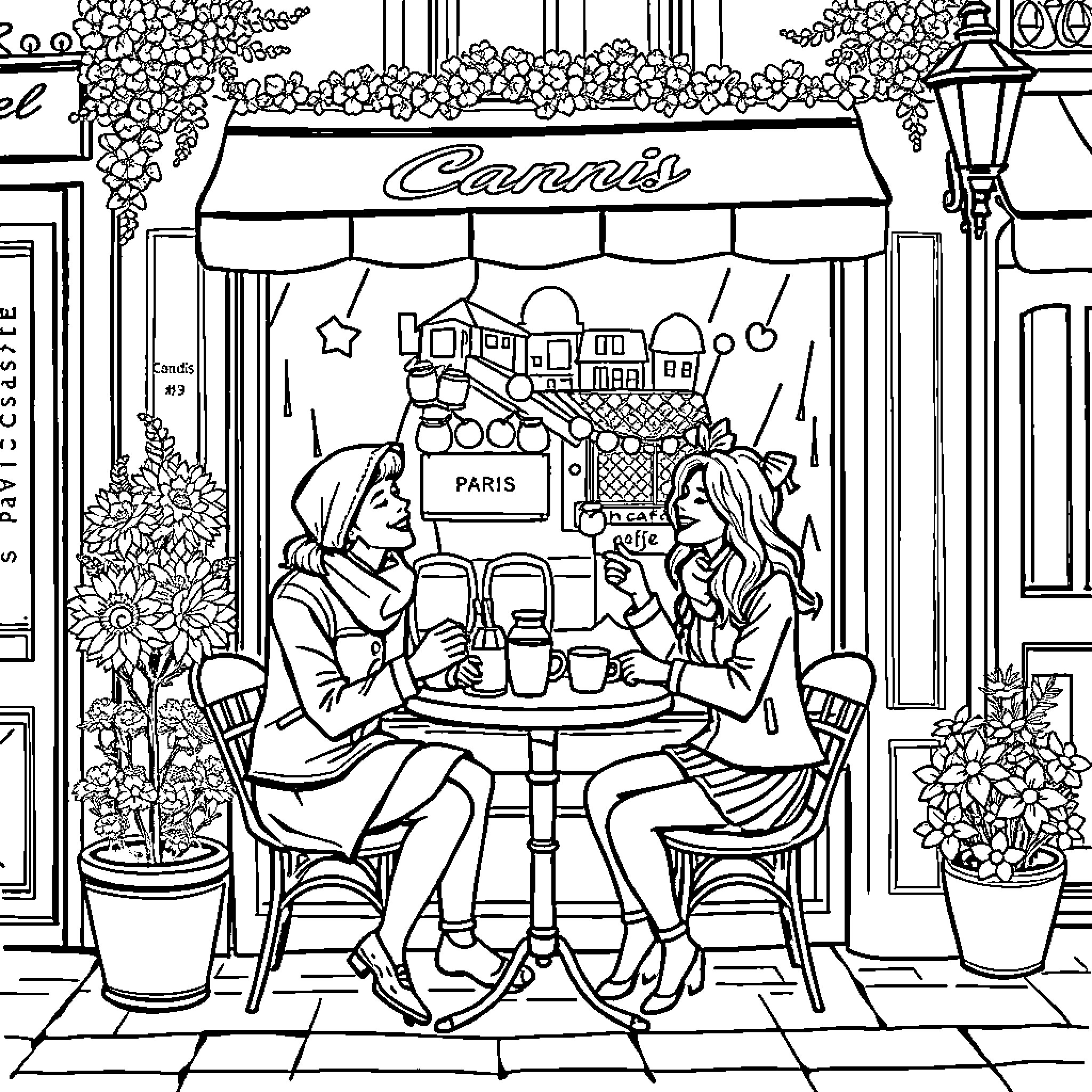 Person enjoying coffee at a cafe with friend Coloring Page (free black-and-white line drawing printable PDF for all, from beginners to advanced learners, including children, teens, adults, and seniors)