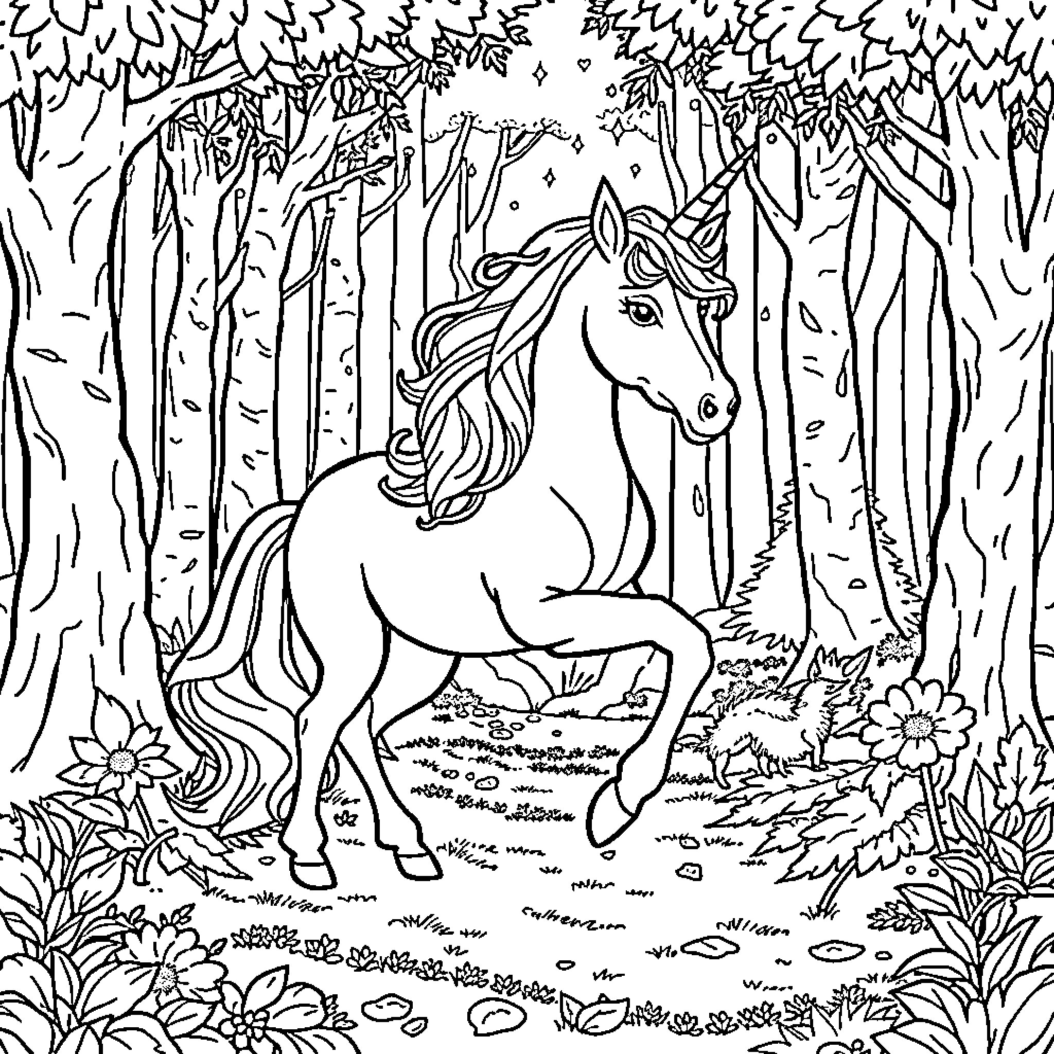 Unicorn galloping through the enchanted forest Coloring Page (free black-and-white line drawing printable PDF for all, from beginners to advanced learners, including children, teens, adults, and seniors)