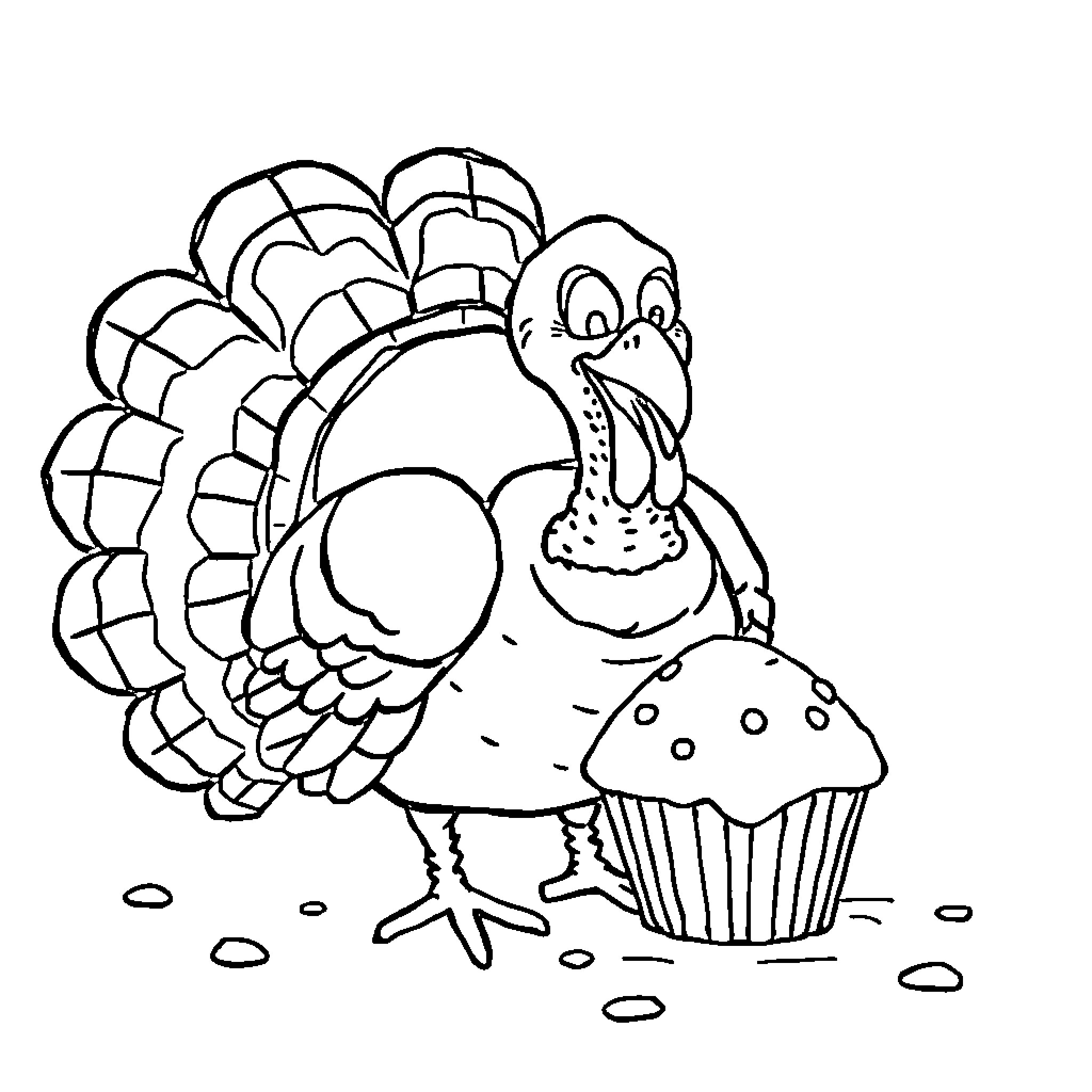 Turkey enjoying a cupcake in the wild Coloring Page (free black-and-white line drawing printable PDF for all, from beginners to advanced learners, including children, teens, adults, and seniors)