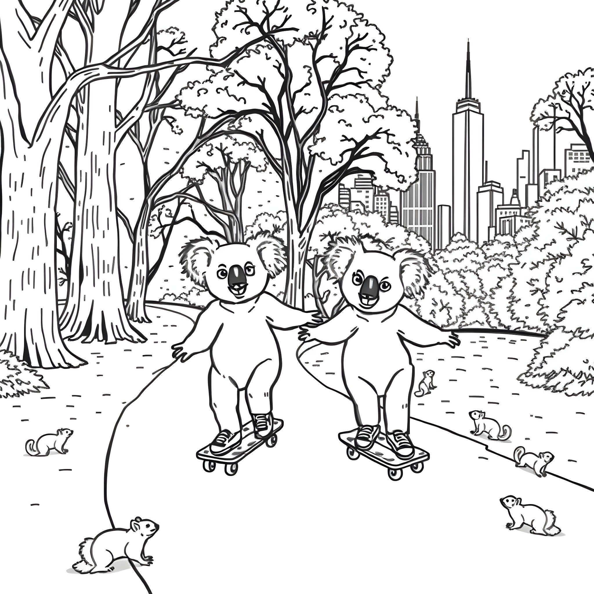 Koalas skateboarding in the forest with cityscape Coloring Page (free black-and-white line drawing printable PDF for all, from beginners to advanced learners, including children, teens, adults, and seniors)