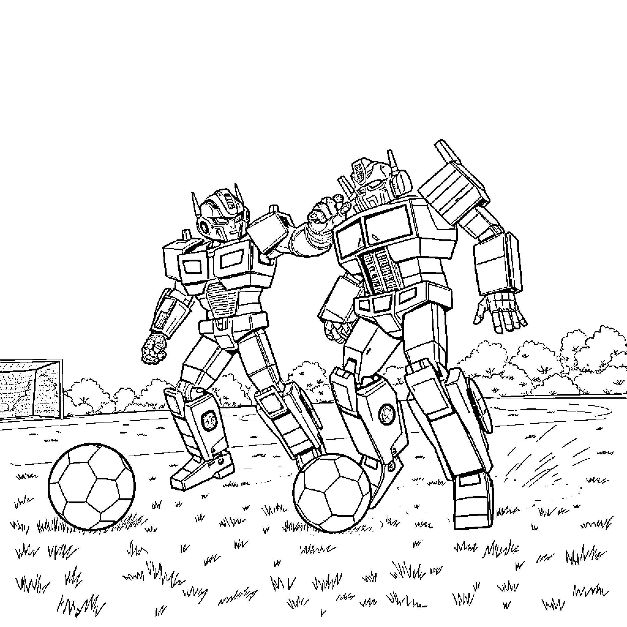 Optimus Prime Playing Soccer in the Field Coloring Page (free black-and-white line drawing printable PDF for all, from beginners to advanced learners, including children, teens, adults, and seniors)