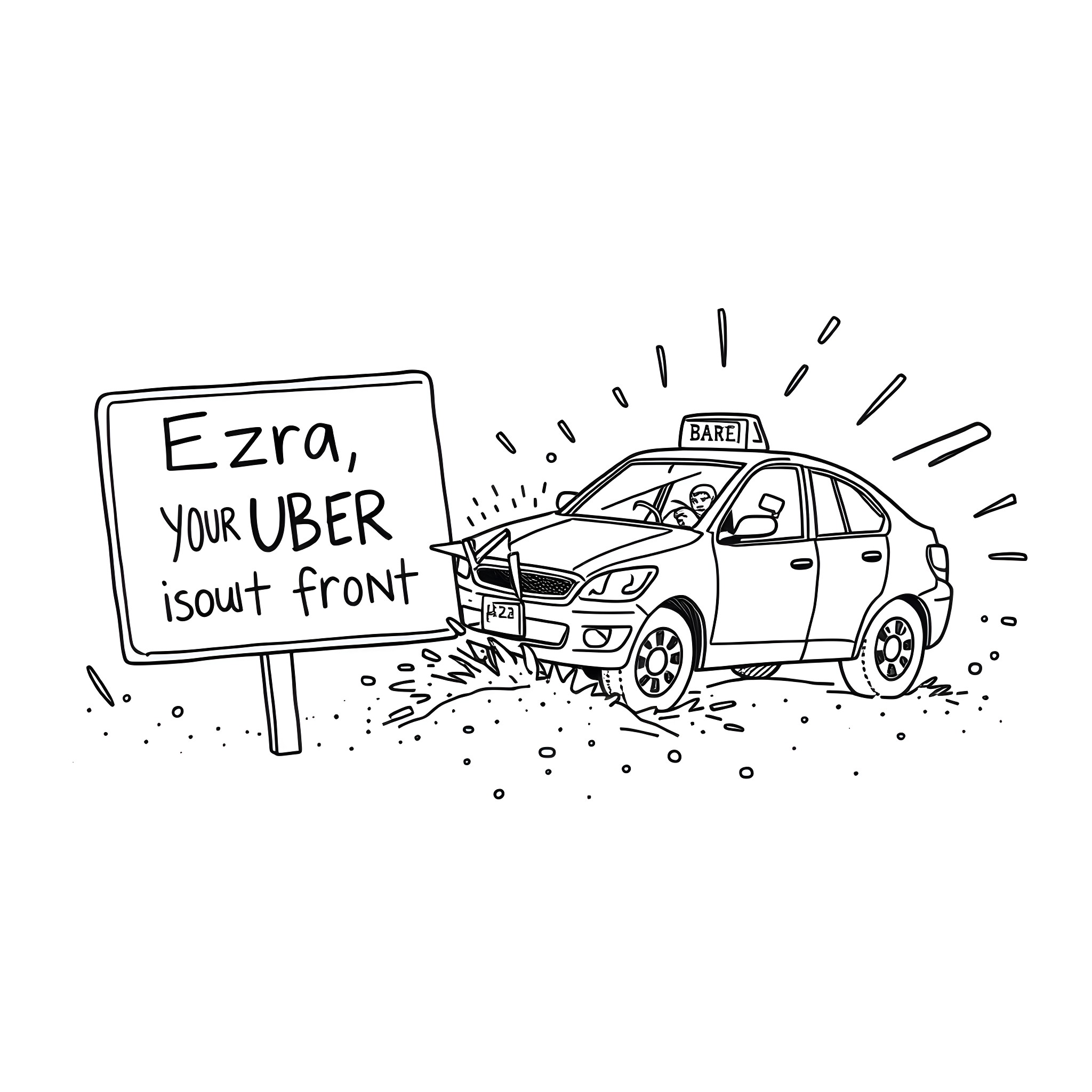 Car in comic mishap with sign message Coloring Page (free black-and-white line drawing printable PDF for all, from beginners to advanced learners, including children, teens, adults, and seniors)