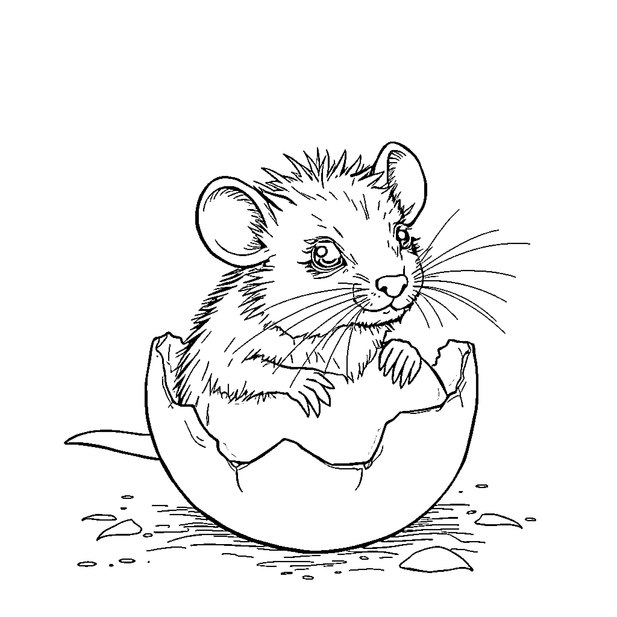Rat hatching from egg with curiosity Coloring Page (free black-and-white line drawing printable PDF for all, from beginners to advanced learners, including children, teens, adults, and seniors)