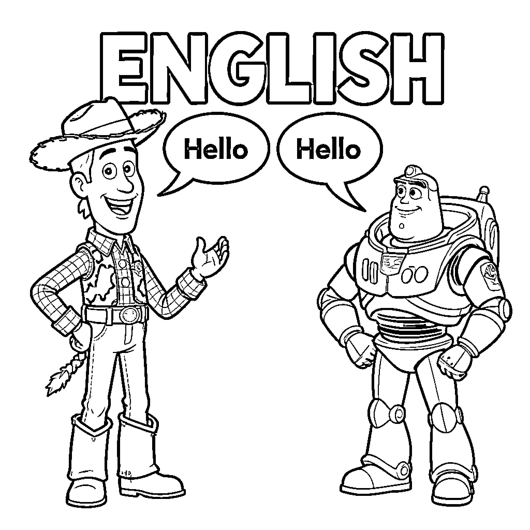 Woody and Buzz greeting each other with hello Coloring Page (free black-and-white line drawing printable PDF for all, from beginners to advanced learners, including children, teens, adults, and seniors)