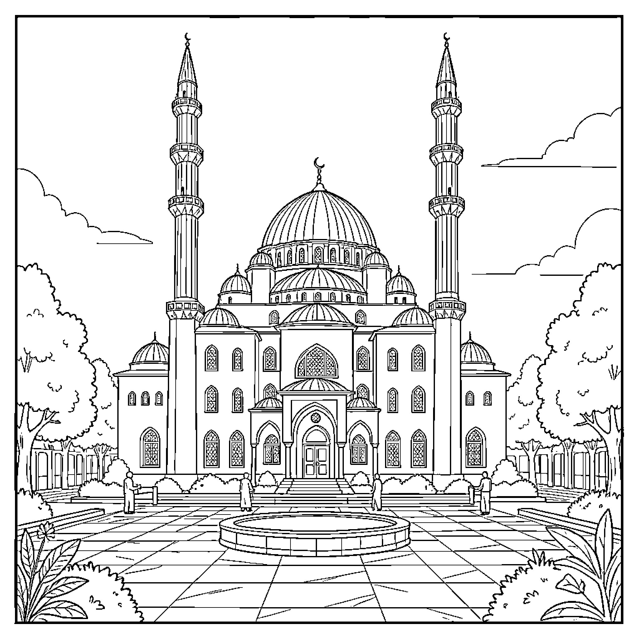 Mosque standing grandly amidst trees and a courtyard Coloring Page (free black-and-white line drawing printable PDF for all, from beginners to advanced learners, including children, teens, adults, and seniors)