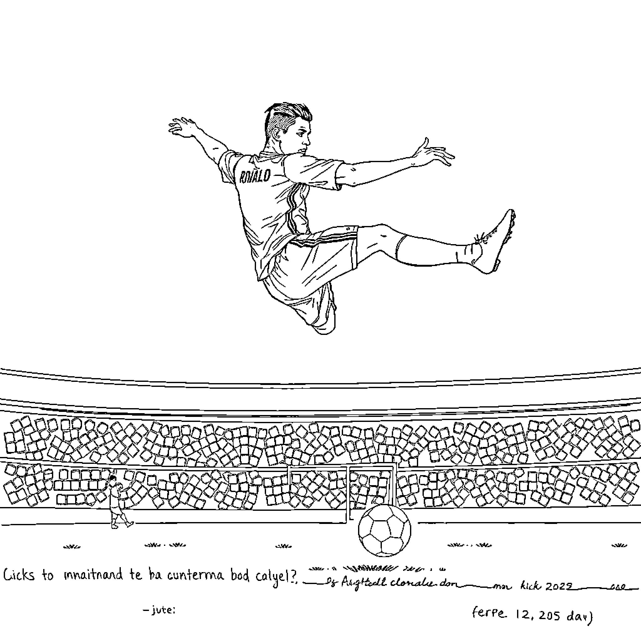 Cristiano Ronaldo performing a dynamic soccer kick Coloring Page (free black-and-white line drawing printable PDF for all, from beginners to advanced learners, including children, teens, adults, and seniors)