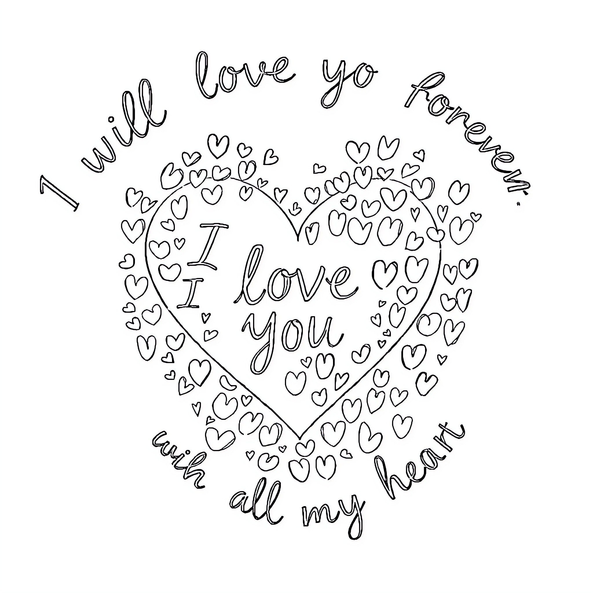 Heart Filled with Loving Expressions Coloring Page (free black-and-white line drawing printable PDF for all, from beginners to advanced learners, including children, teens, adults, and seniors)