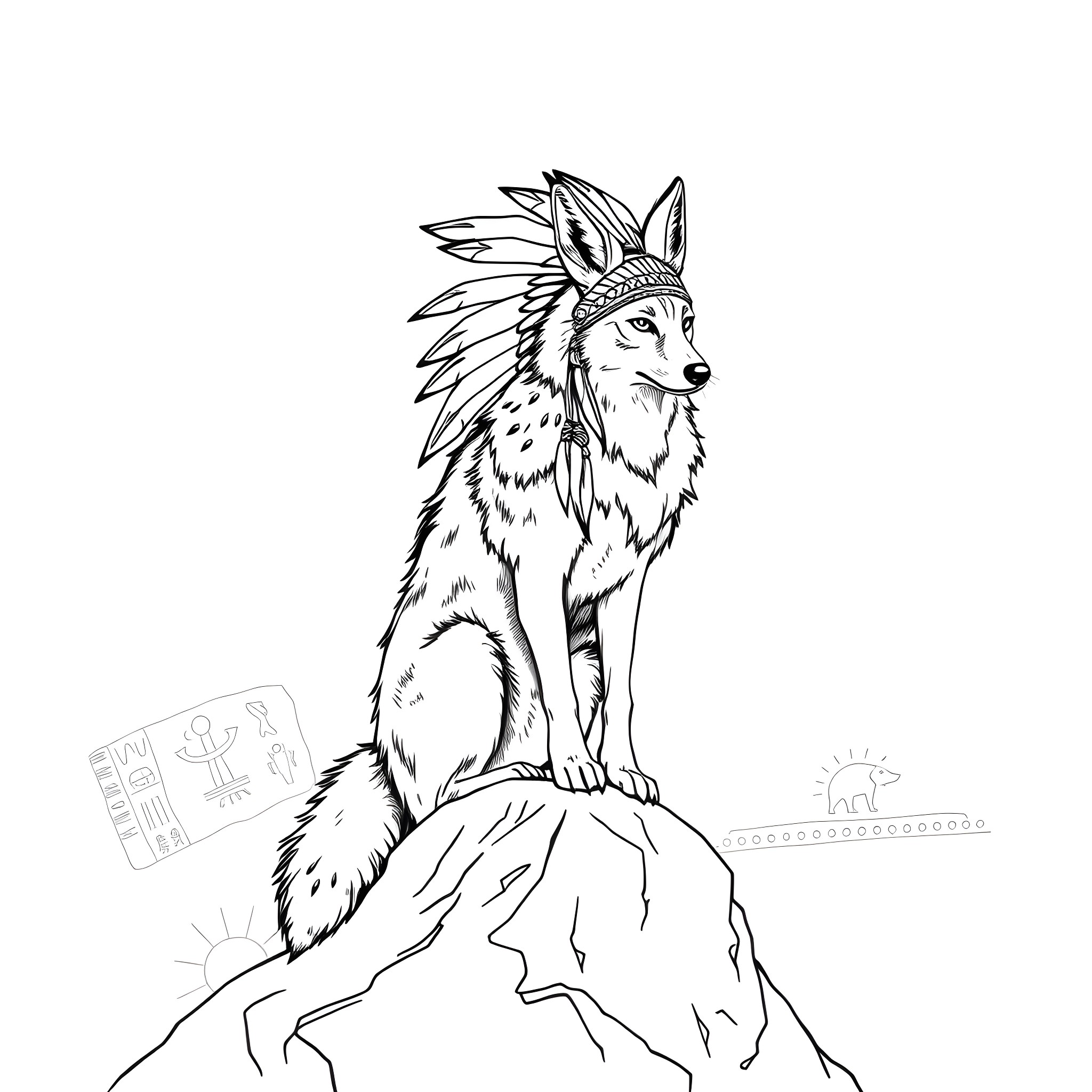 Coyote wearing native feathered headdress on rocky outcrop Coloring Page (free black-and-white line drawing printable PDF for all, from beginners to advanced learners, including children, teens, adults, and seniors)