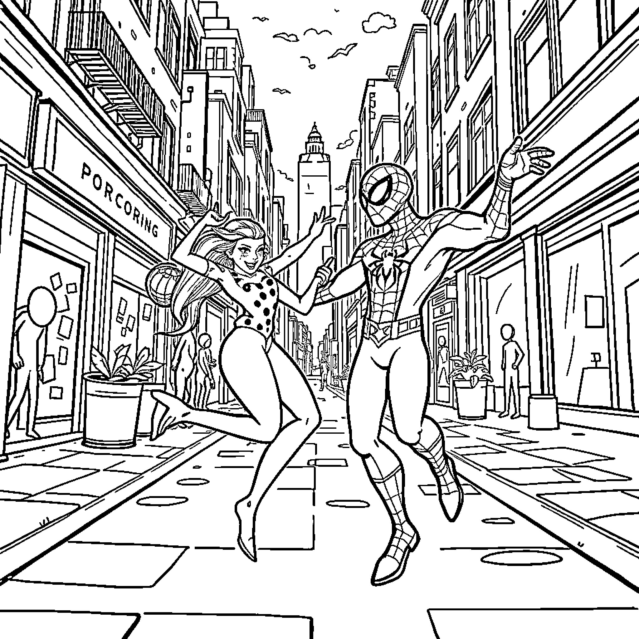 Spiderman and superhero friend explore busy city street Coloring Page (free black-and-white line drawing printable PDF for all, from beginners to advanced learners, including children, teens, adults, and seniors)