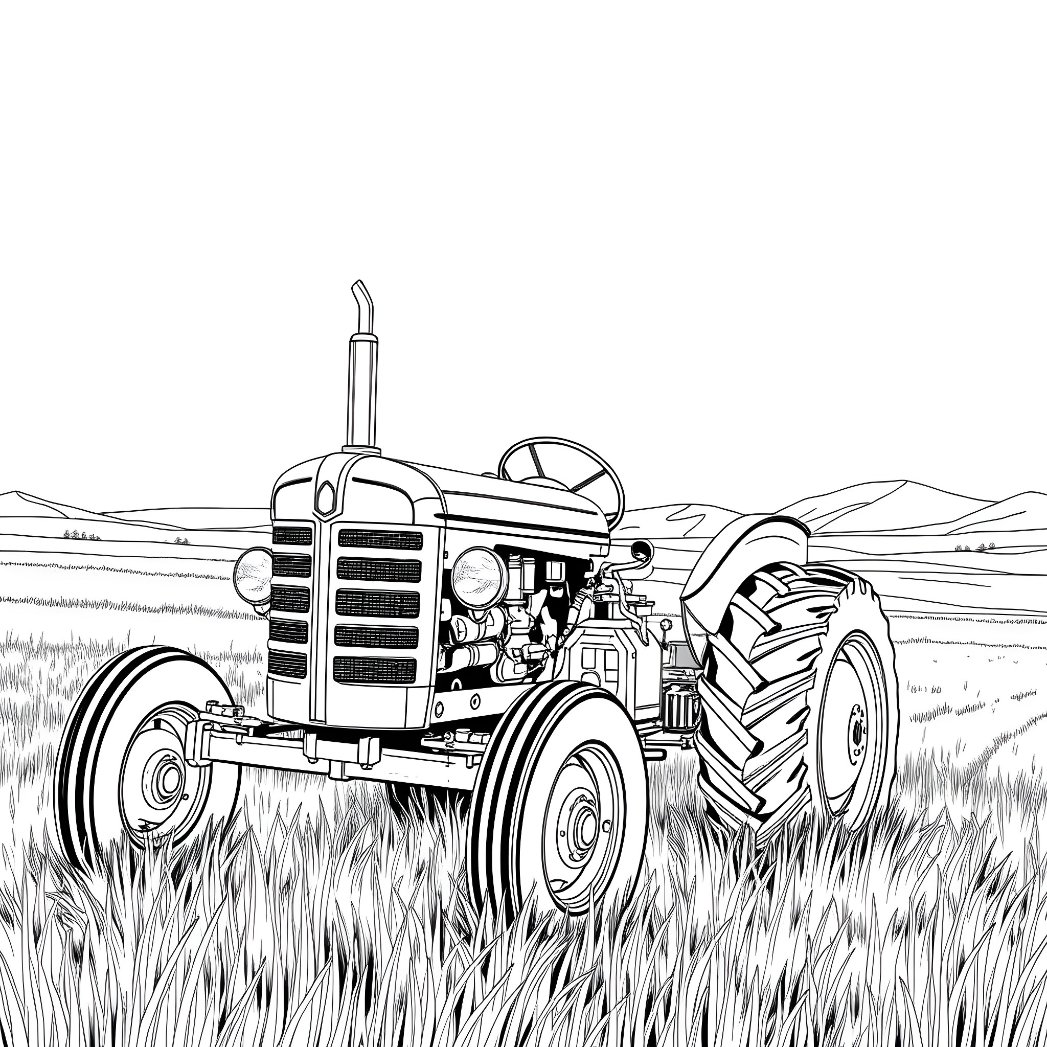 Tractor working diligently in the countryside Coloring Page (free black-and-white line drawing printable PDF for all, from beginners to advanced learners, including children, teens, adults, and seniors)