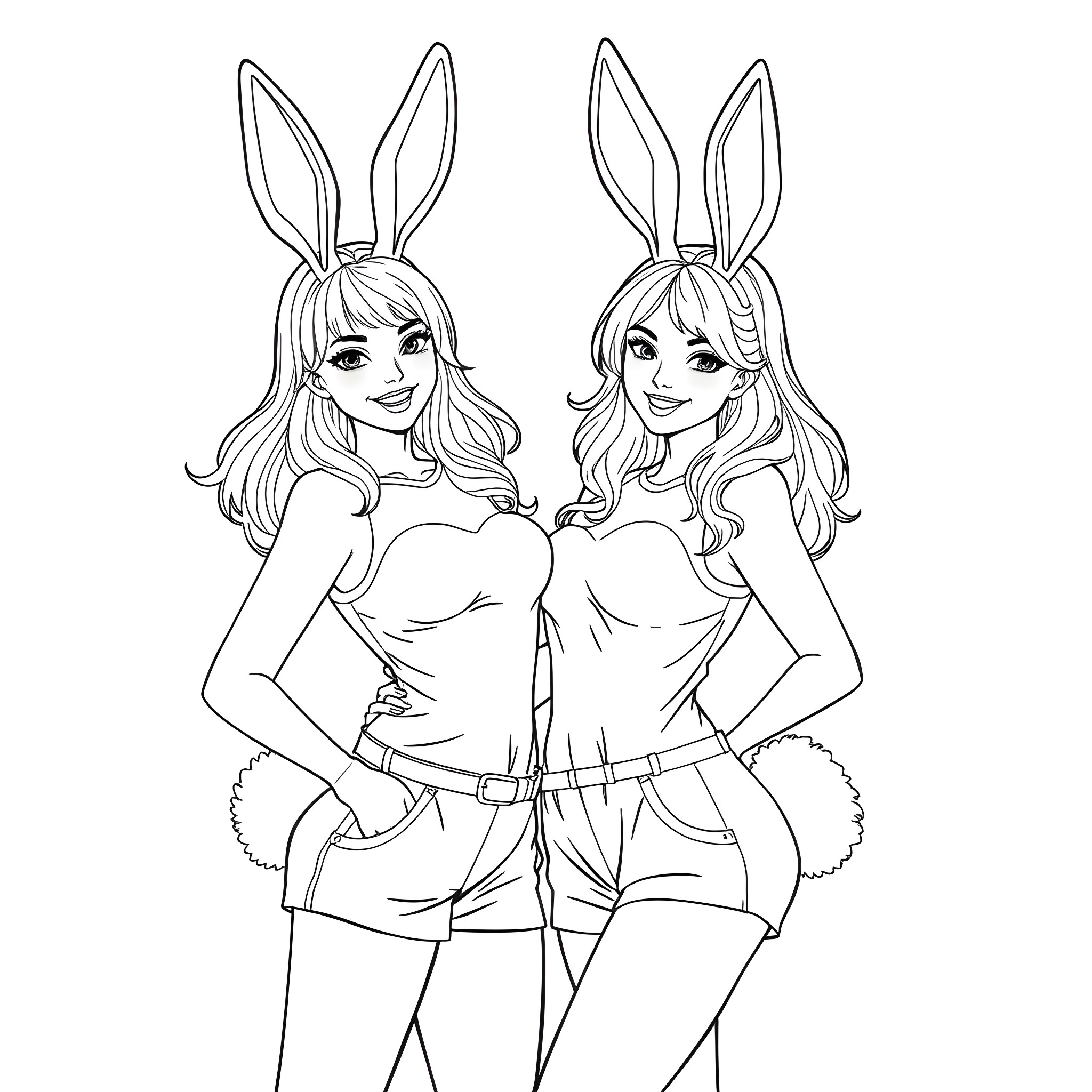 Bunny girls posing stylishly in cute outfits Coloring Page (free black-and-white line drawing printable PDF for all, from beginners to advanced learners, including children, teens, adults, and seniors)