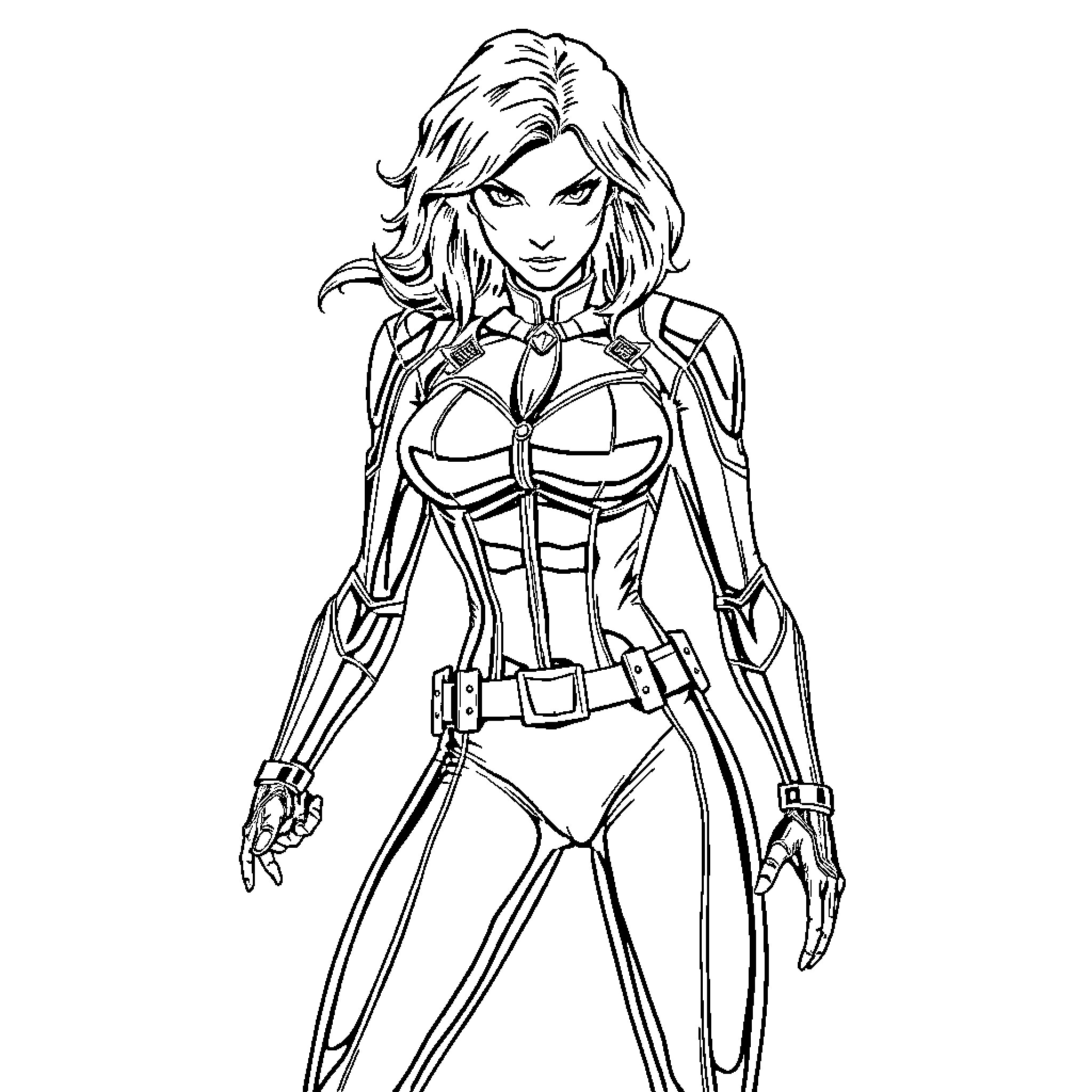 Black Widow in Fierce Heroic Pose Coloring Page (free black-and-white line drawing printable PDF for all, from beginners to advanced learners, including children, teens, adults, and seniors)
