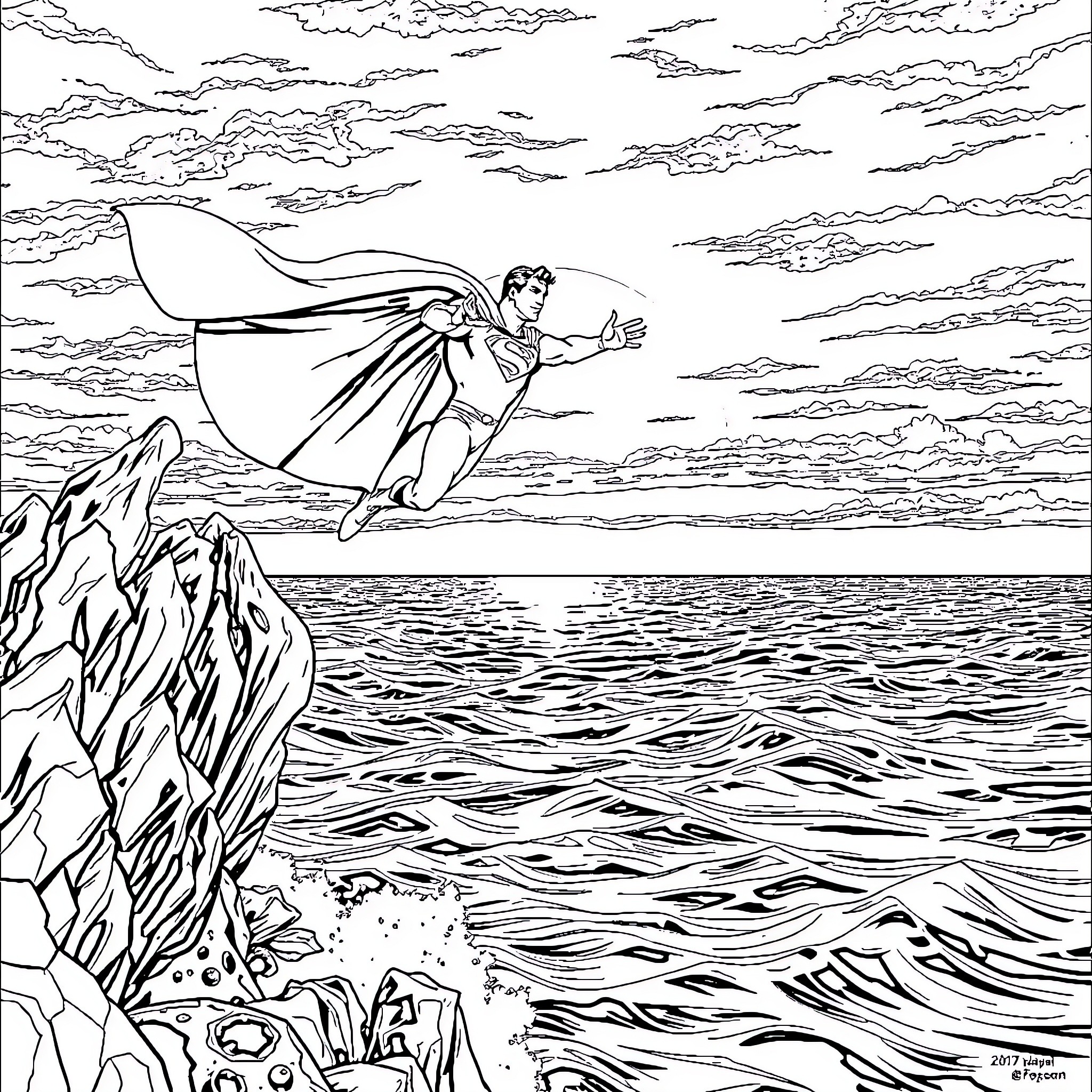 Superman soaring over the ocean cliff Coloring Page (free black-and-white line drawing printable PDF for all, from beginners to advanced learners, including children, teens, adults, and seniors)