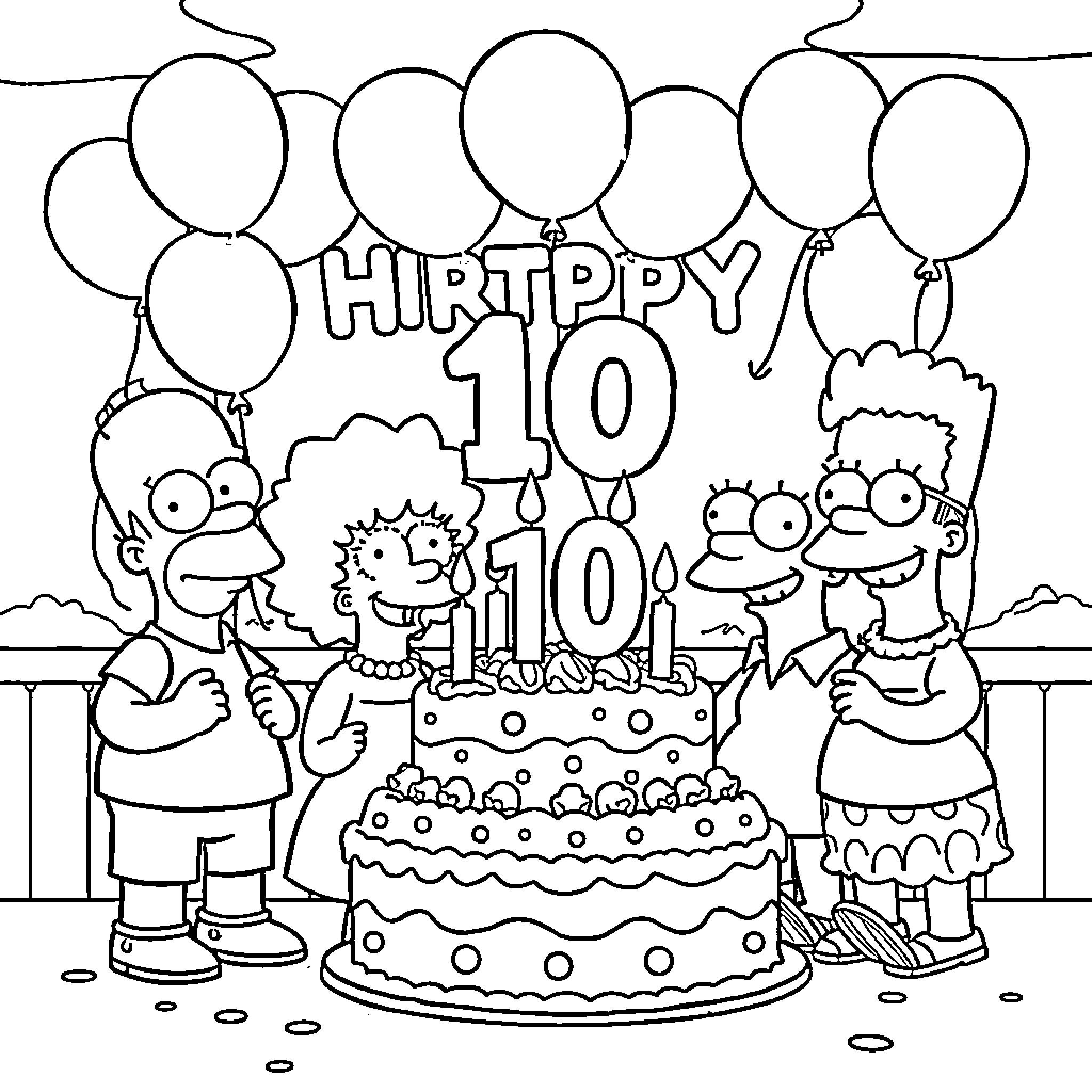 Simpson family celebrating 10th birthday with cake and balloons Coloring Page (free black-and-white line drawing printable PDF for all, from beginners to advanced learners, including children, teens, adults, and seniors)