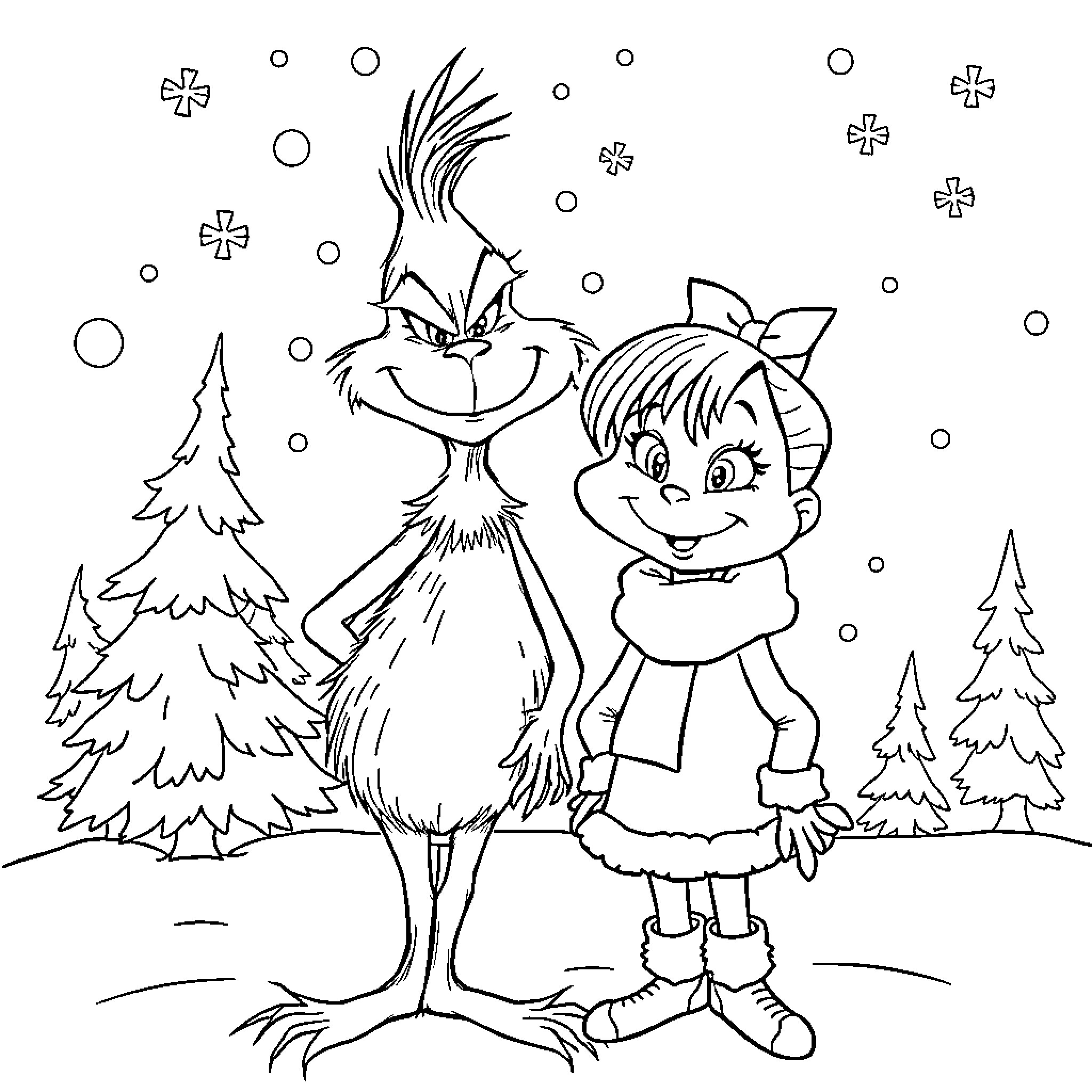 Grinch and young girl in winter wonderland Coloring Page (free black-and-white line drawing printable PDF for all, from beginners to advanced learners, including children, teens, adults, and seniors)