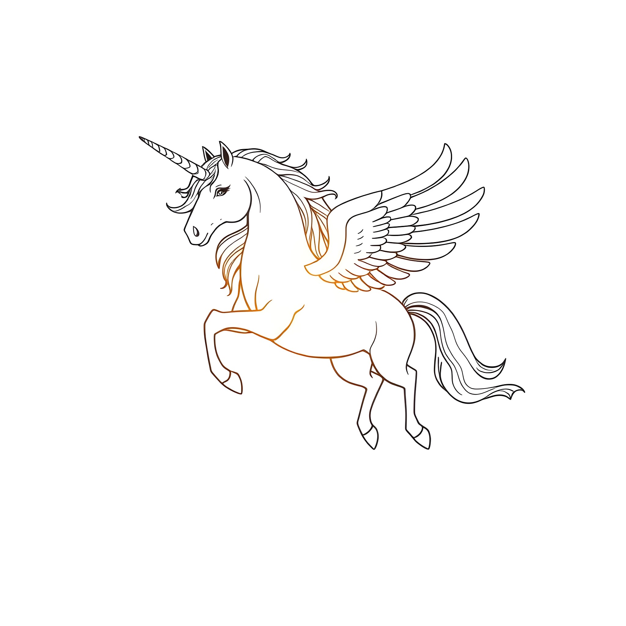 Unicorn with wings soaring through the sky Coloring Page (free black-and-white line drawing printable PDF for all, from beginners to advanced learners, including children, teens, adults, and seniors)