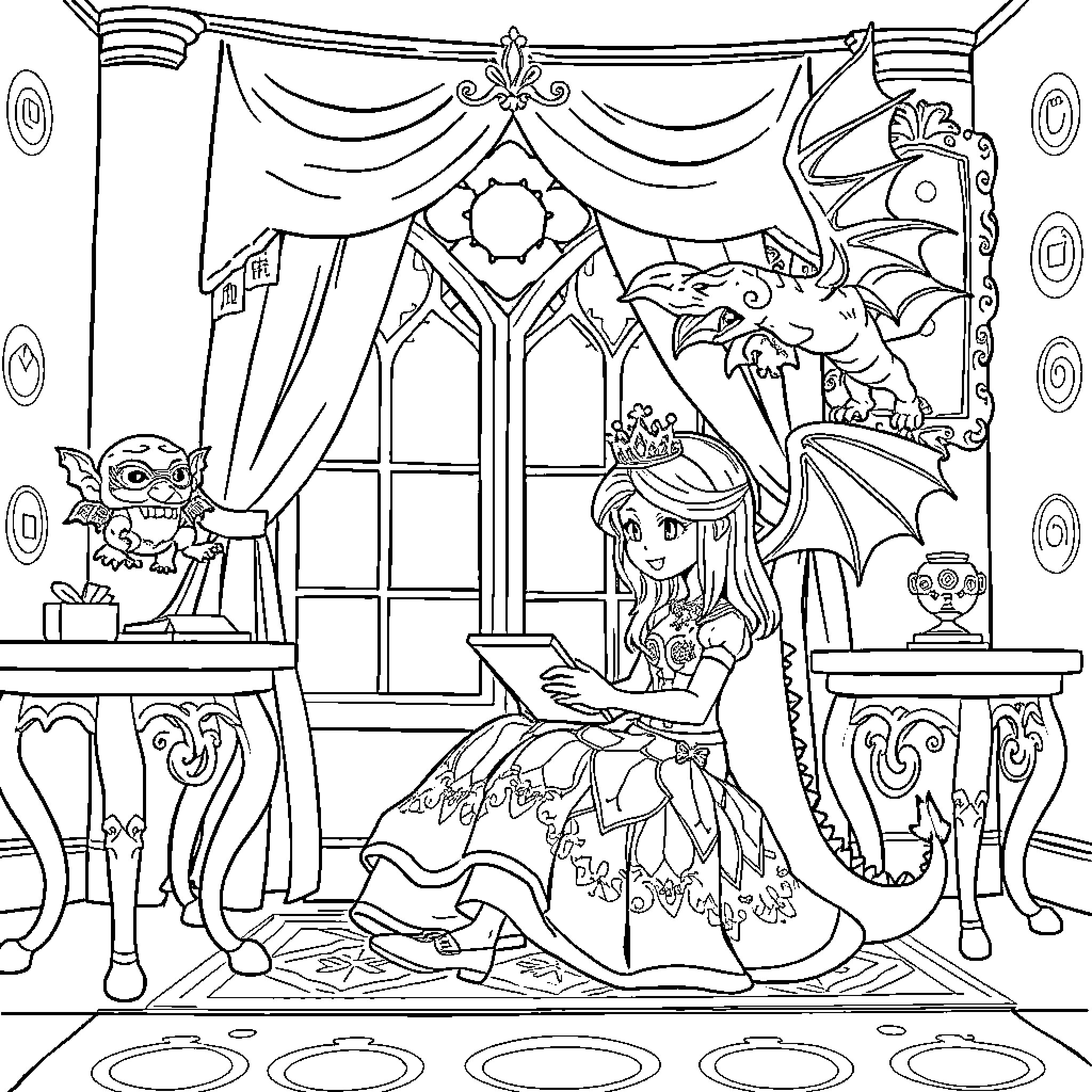 Princess reading book with magical dragon companion Coloring Page (free black-and-white line drawing printable PDF for all, from beginners to advanced learners, including children, teens, adults, and seniors)