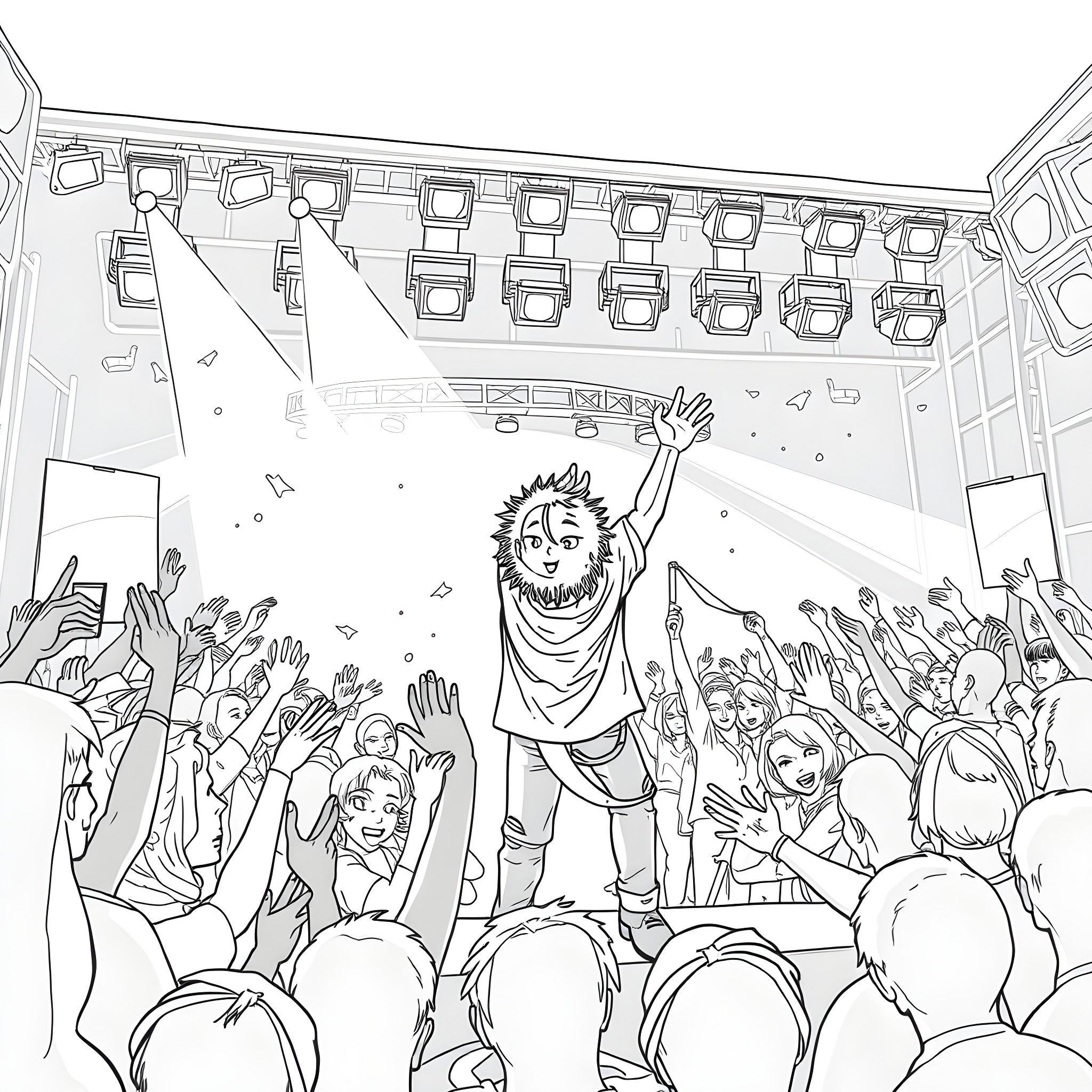 Odetari: Excited performer on stage with energetic crowd Coloring Page (free black-and-white line drawing printable PDF for all, from beginners to advanced learners, including children, teens, adults, and seniors)