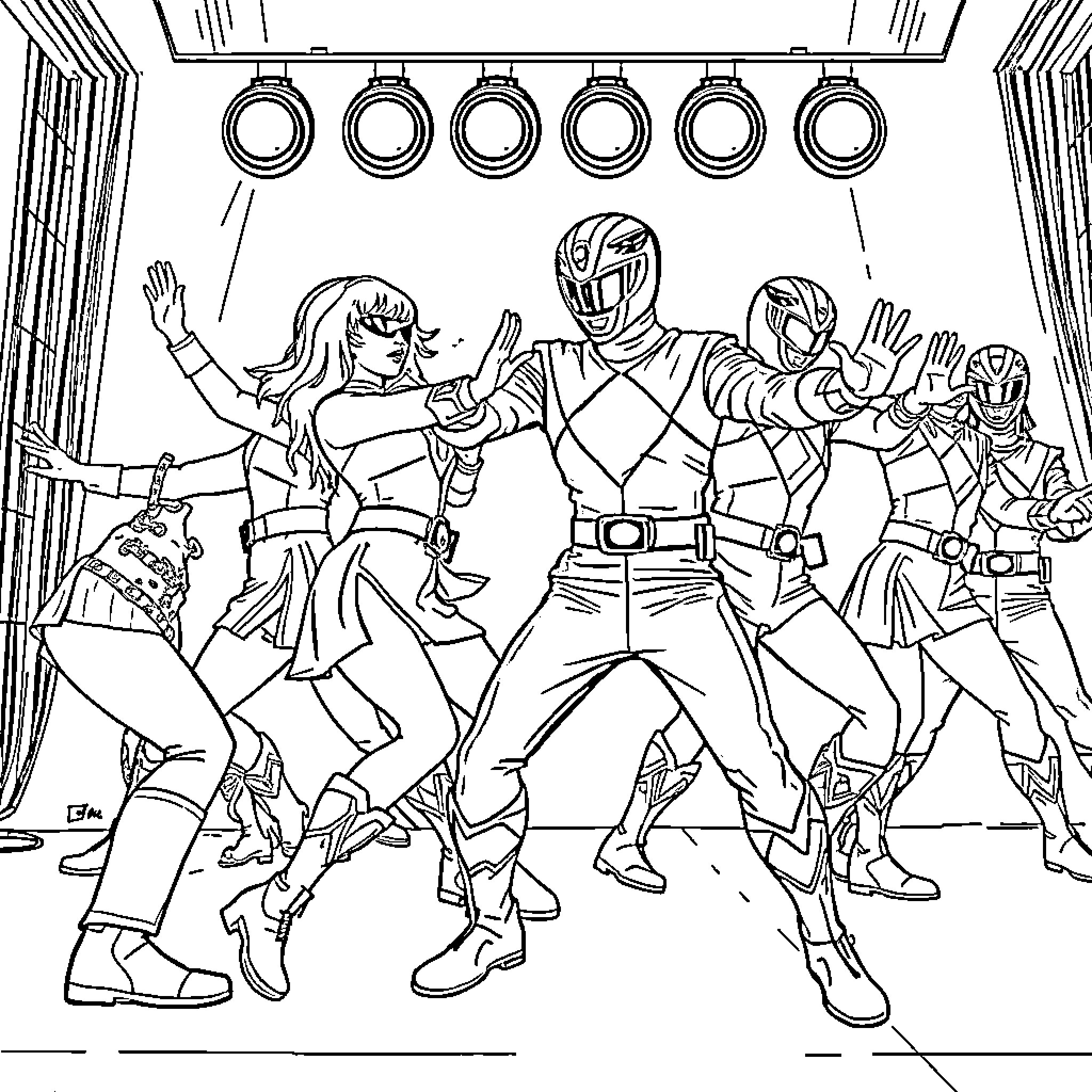 K Pop Heroes in Dramatic Pose Coloring Page (free black-and-white line drawing printable PDF for all, from beginners to advanced learners, including children, teens, adults, and seniors)