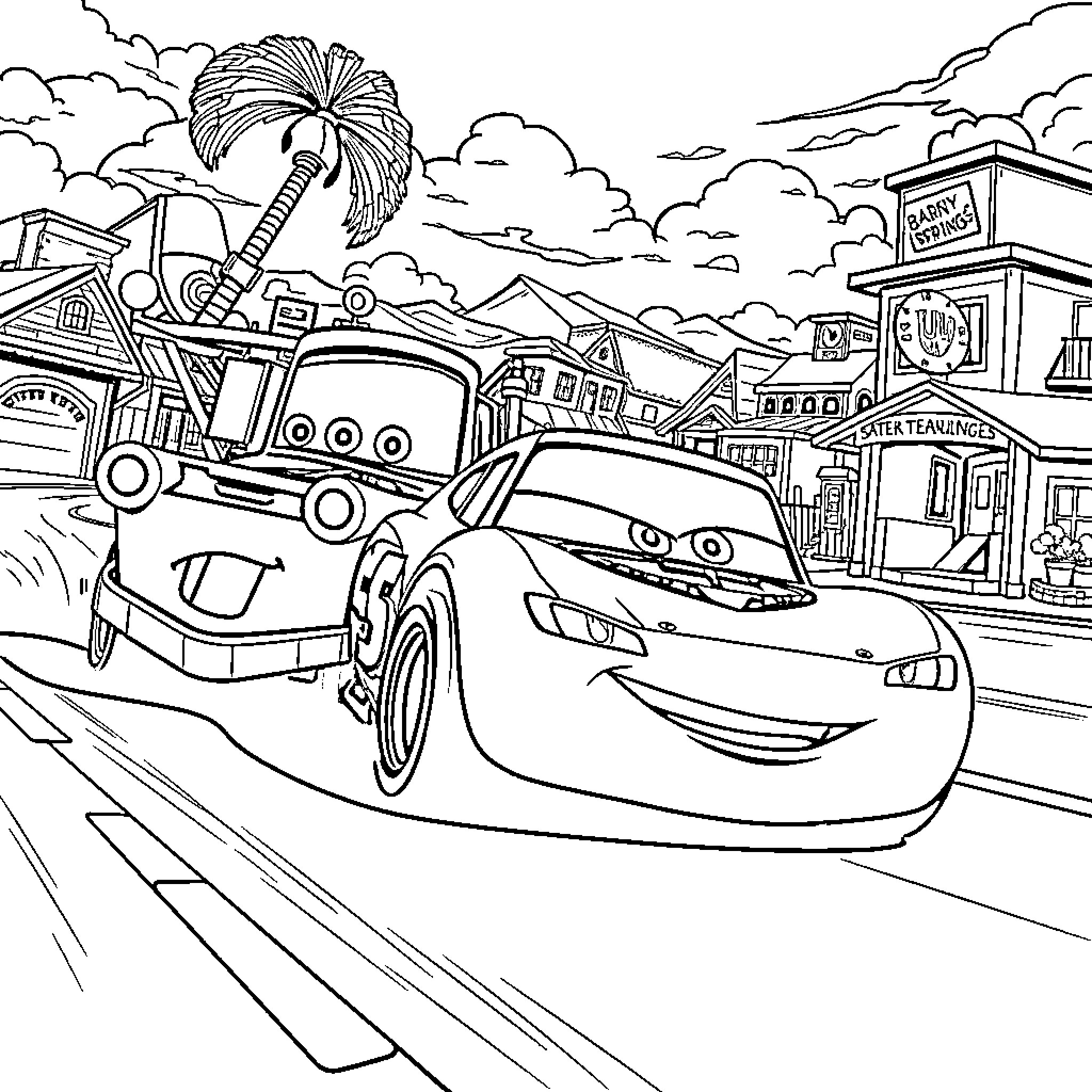 Cars racing on city streets with palm trees Coloring Page (free black-and-white line drawing printable PDF for all, from beginners to advanced learners, including children, teens, adults, and seniors)