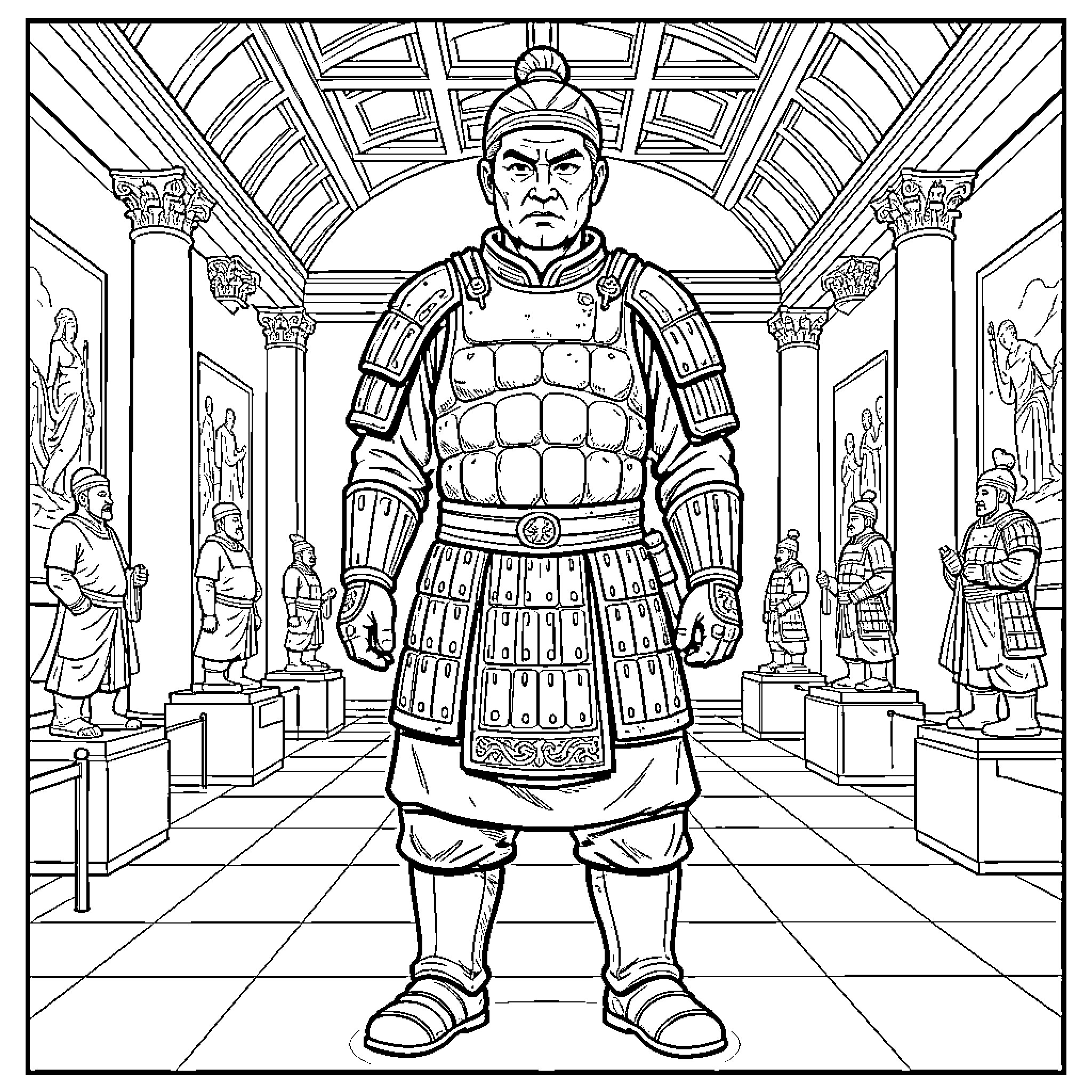 Terracotta Warrior standing guard in an ornate chamber Coloring Page (free black-and-white line drawing printable PDF for all, from beginners to advanced learners, including children, teens, adults, and seniors)