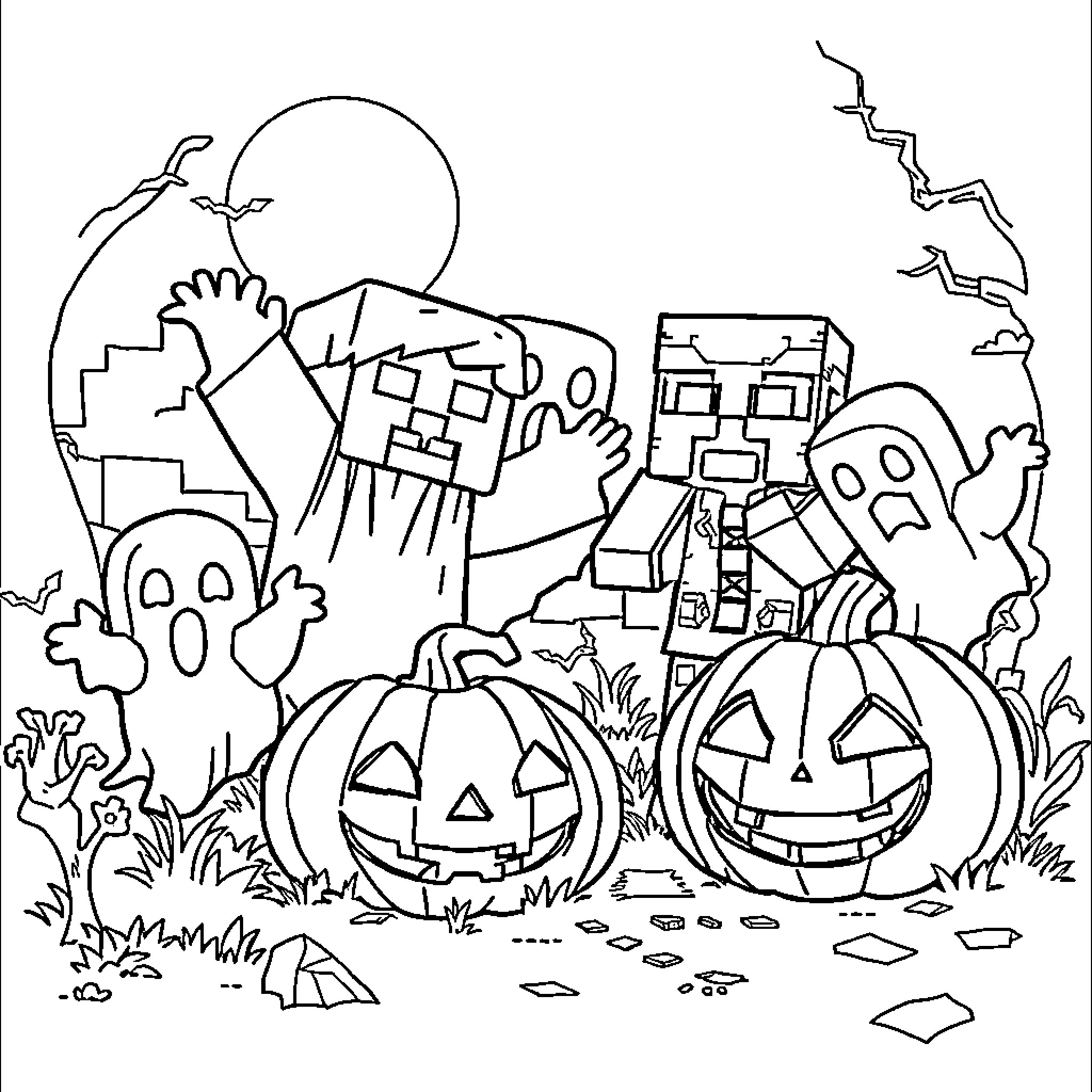 Halloween scene with ghostly figures and jack-o'-lanterns Coloring Page (free black-and-white line drawing printable PDF for all, from beginners to advanced learners, including children, teens, adults, and seniors)