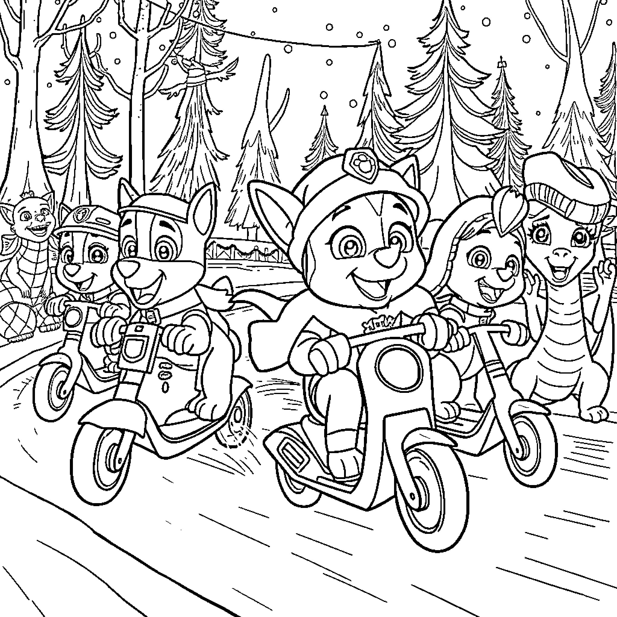 Paw Patrol Characters Riding Scooters in Snowy Forest Coloring Page (free black-and-white line drawing printable PDF for all, from beginners to advanced learners, including children, teens, adults, and seniors)