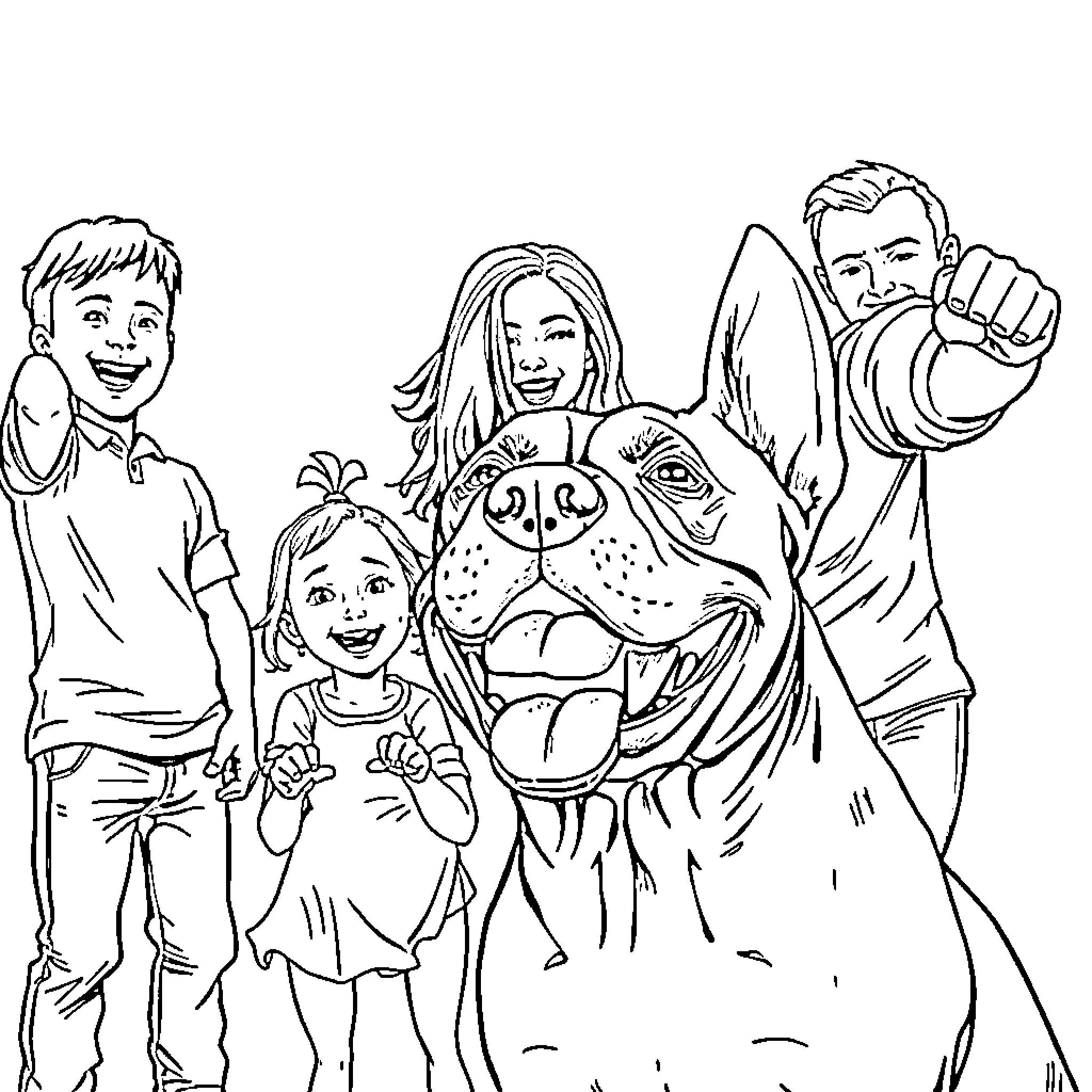 Dog enjoying time with happy family Coloring Page (free black-and-white line drawing printable PDF for all, from beginners to advanced learners, including children, teens, adults, and seniors)