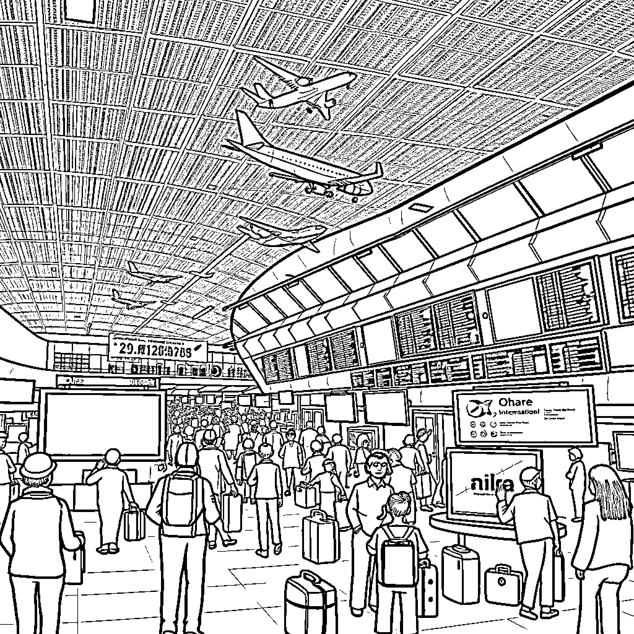 Airport Bustling with Travelers and Activities Coloring Page (free black-and-white line drawing printable PDF for all, from beginners to advanced learners, including children, teens, adults, and seniors)