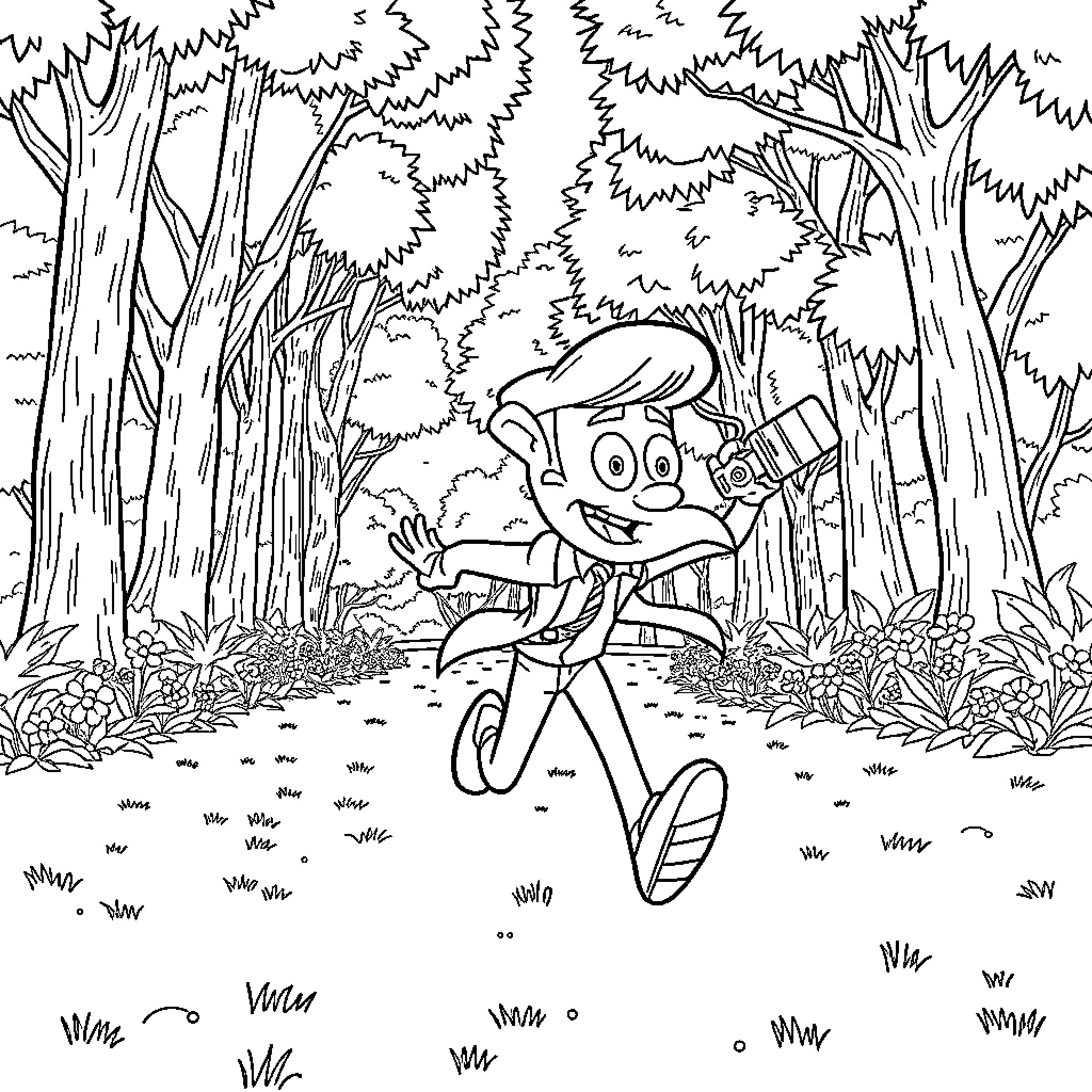 Phineas exploring the magical forest Coloring Page (free black-and-white line drawing printable PDF for all, from beginners to advanced learners, including children, teens, adults, and seniors)