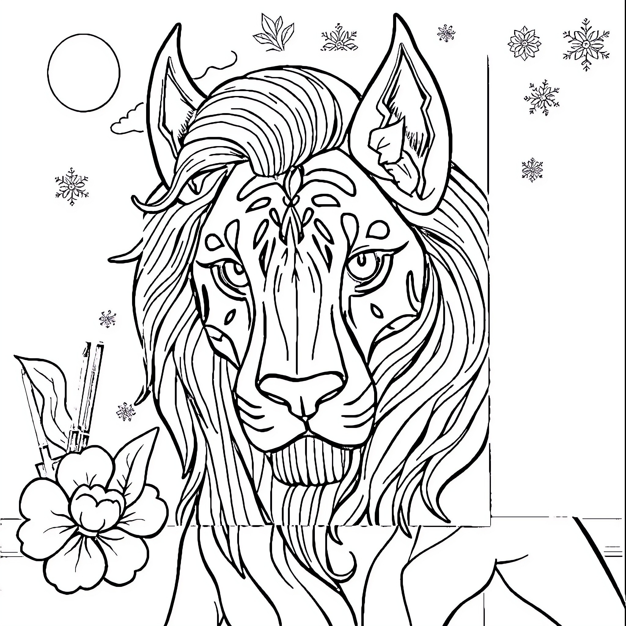 Create Whimsical Winter Wolf Illustration Coloring Page (free black-and-white line drawing printable PDF for all, from beginners to advanced learners, including children, teens, adults, and seniors)